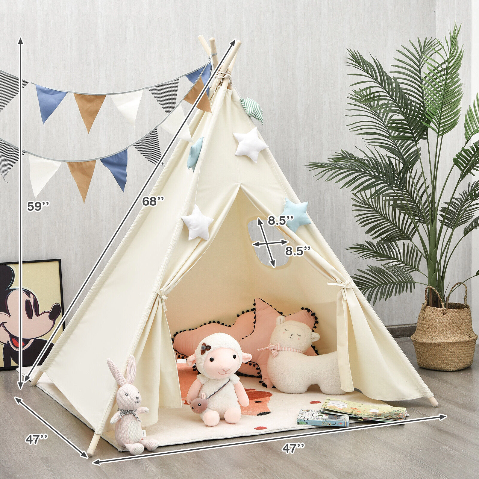 Foldable Kids Teepee Play Tent 47-in Cotton Canvas Tent with Pine Wood Poles Side Pockets Window and Carrying Bag Beige