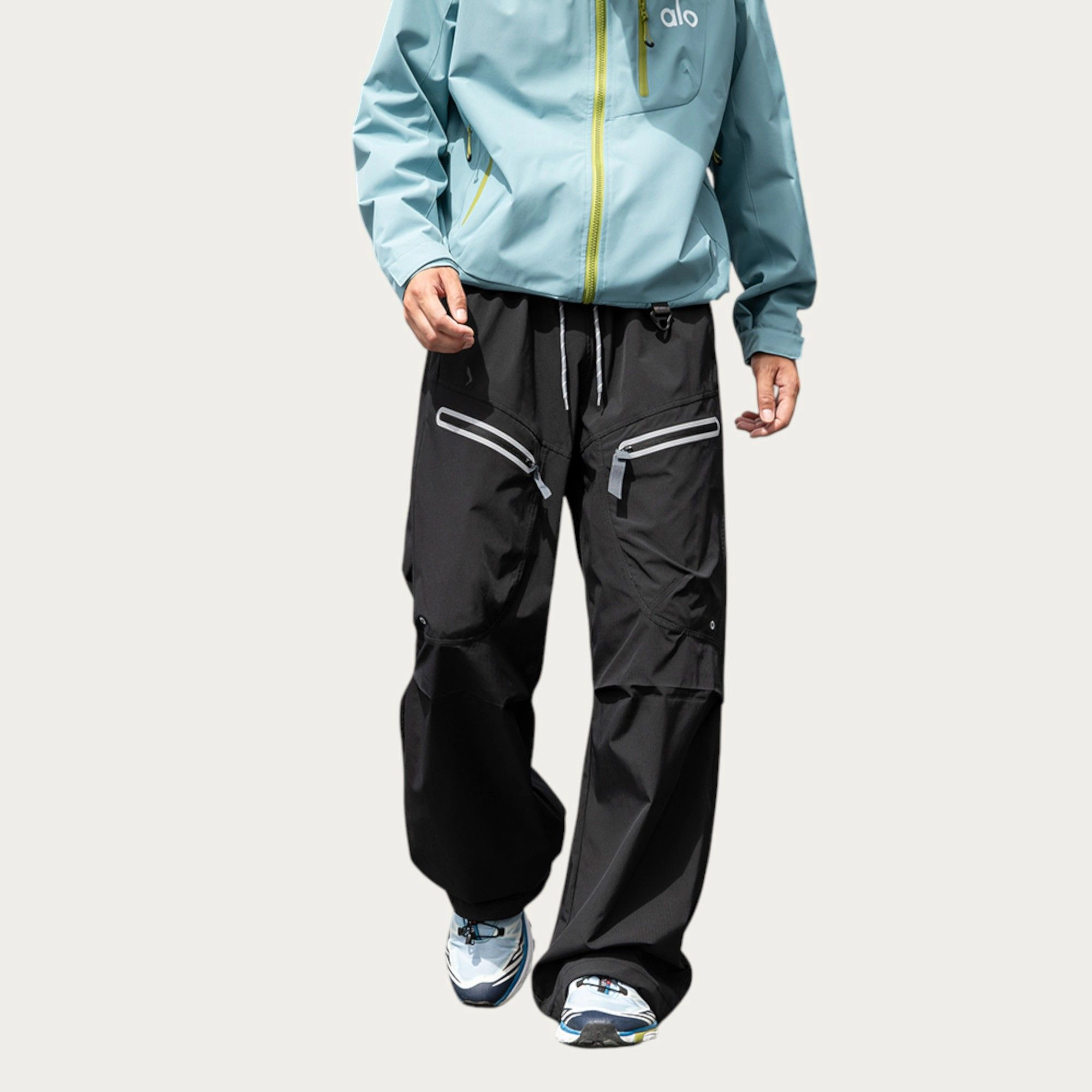 Anna-Kaci Men's Wide-Leg Cargo Pants with Zippered Pockets and Adjustable Drawstring Waist