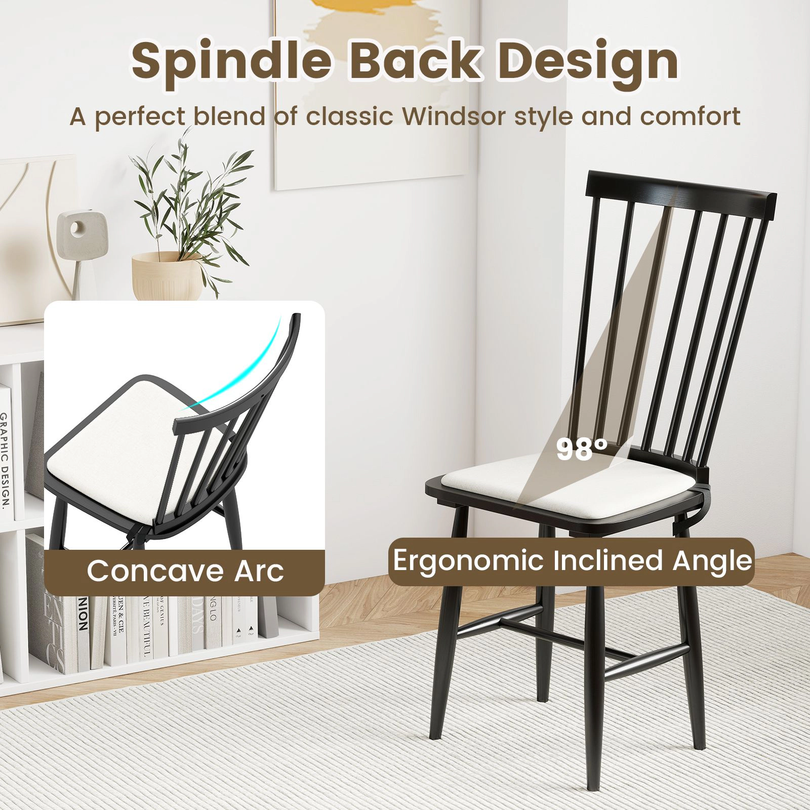 SlickBlue Farmhouse Windsor Chairs, Spindle Back, Rubber Wood Frame