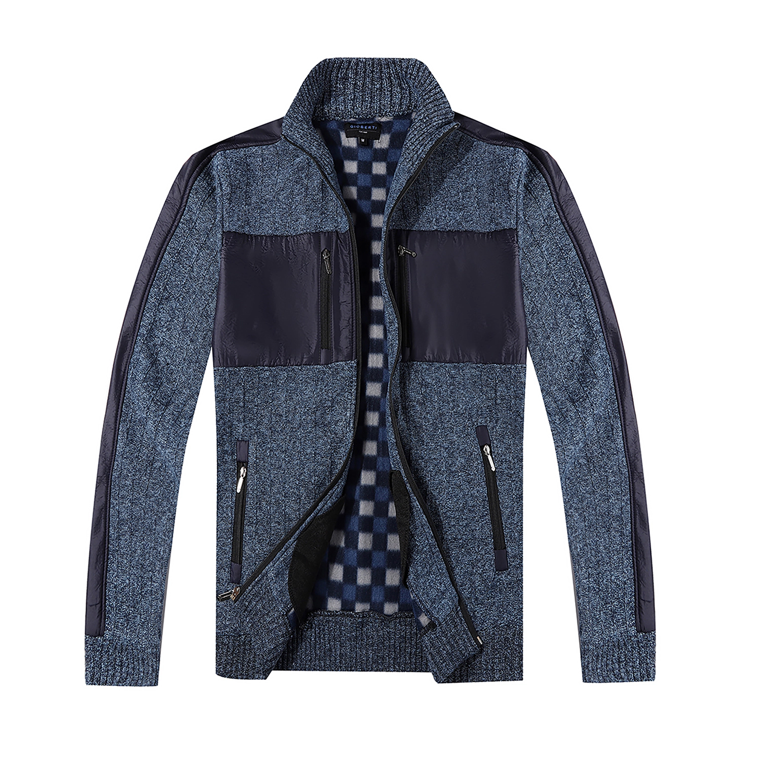 Gioberti Men's Full Zip Cardigan Patch Design Sweater with Flannel Lining