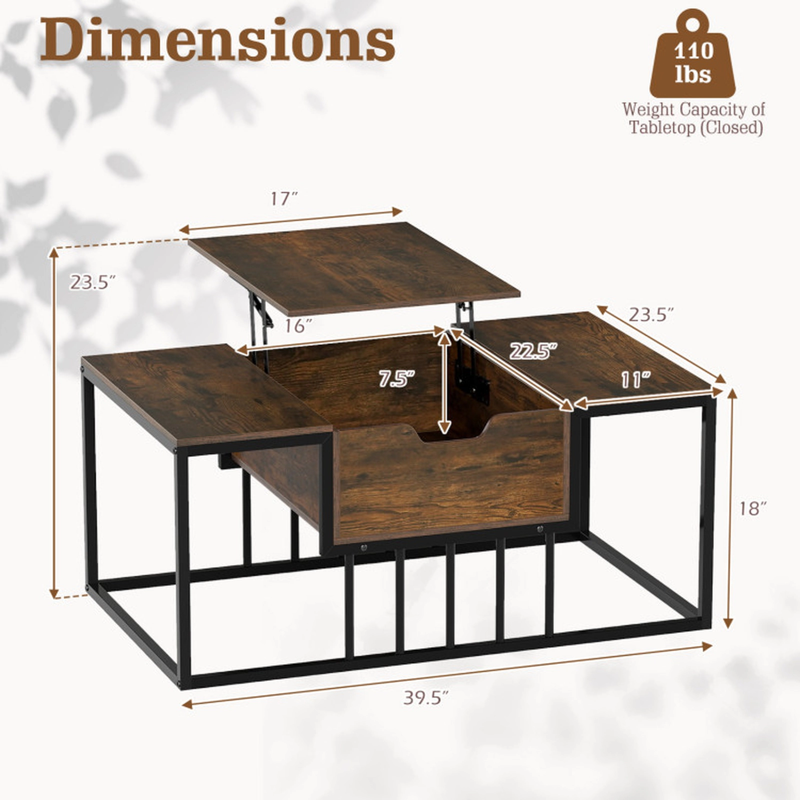 SUGIFT 39.5-in 110-lb Capacity Lift Top Rustic Brown Coffee Table with Gas Struts and Hidden Compartment