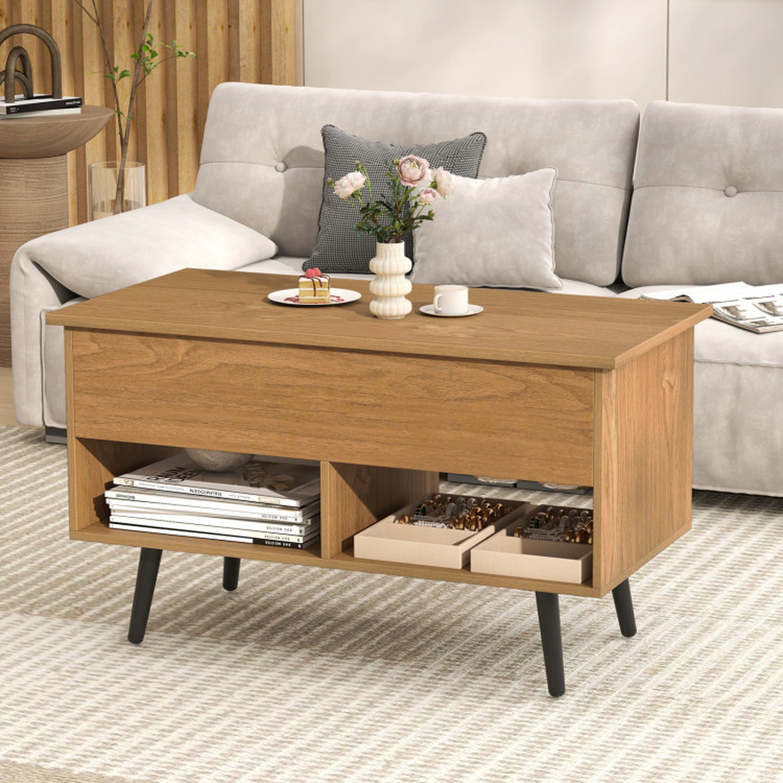 SUGIFT 31.5-in 23.5-in Lift Height Hydraulic Lift-Top Coffee Table with Hidden Storage and 2 Open Shelves