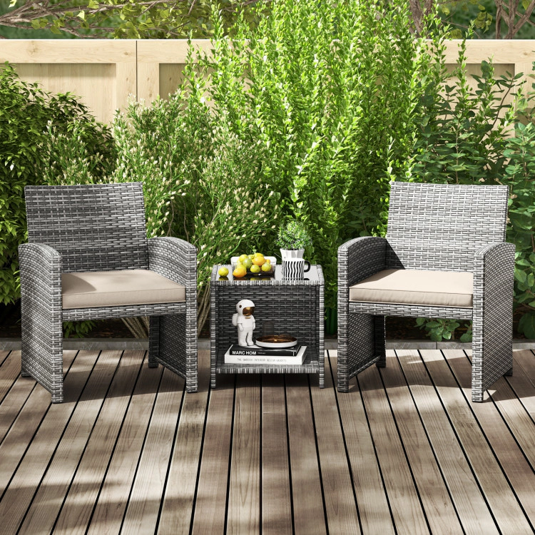 Hivvago 3 Pieces Patio Furniture Set With Tempered Glass Coffee Table And Soft Seat Cushions