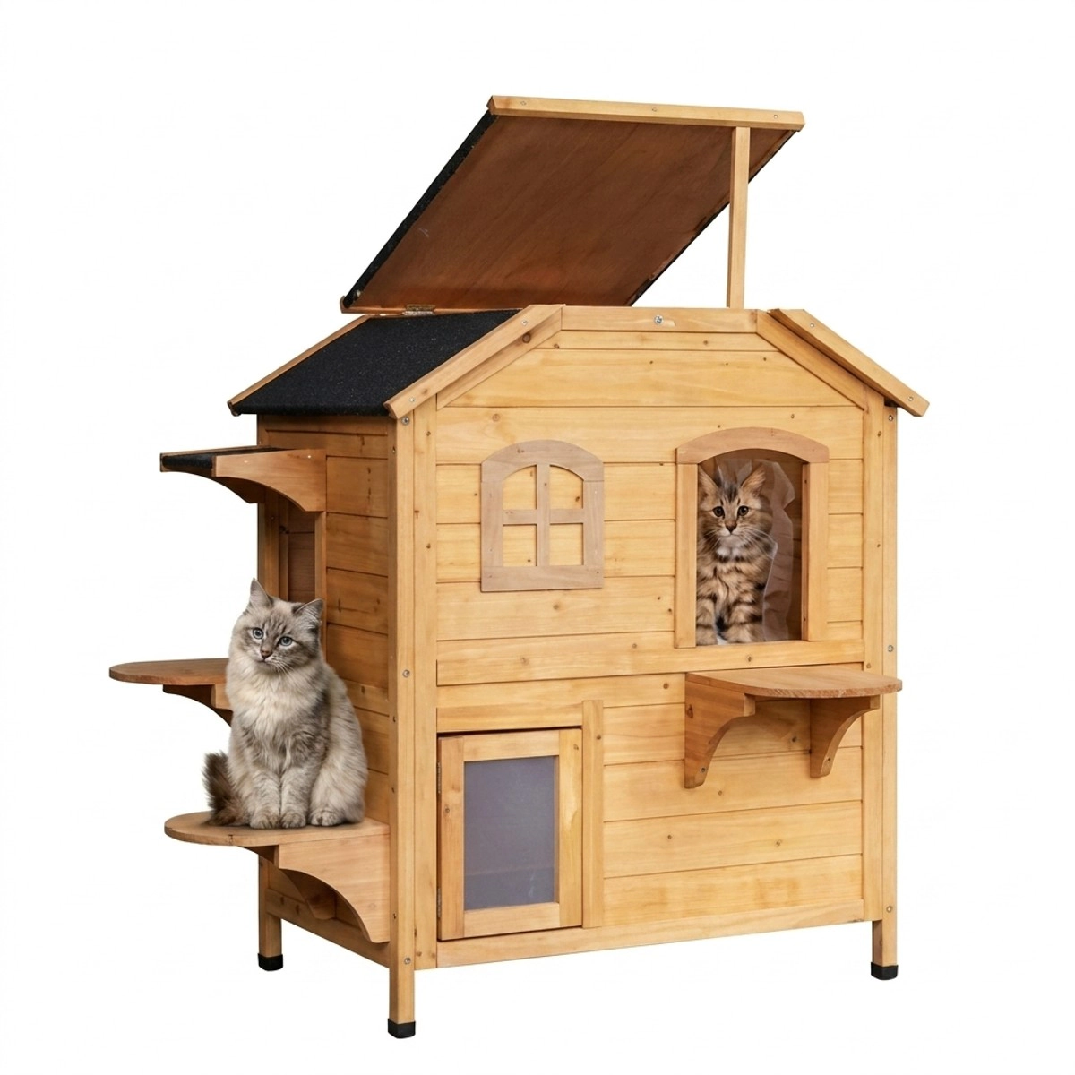 212 Main PawHut 2-Story Outdoor Weatherproof Wooden Cat House Enclosure for Feral Cats