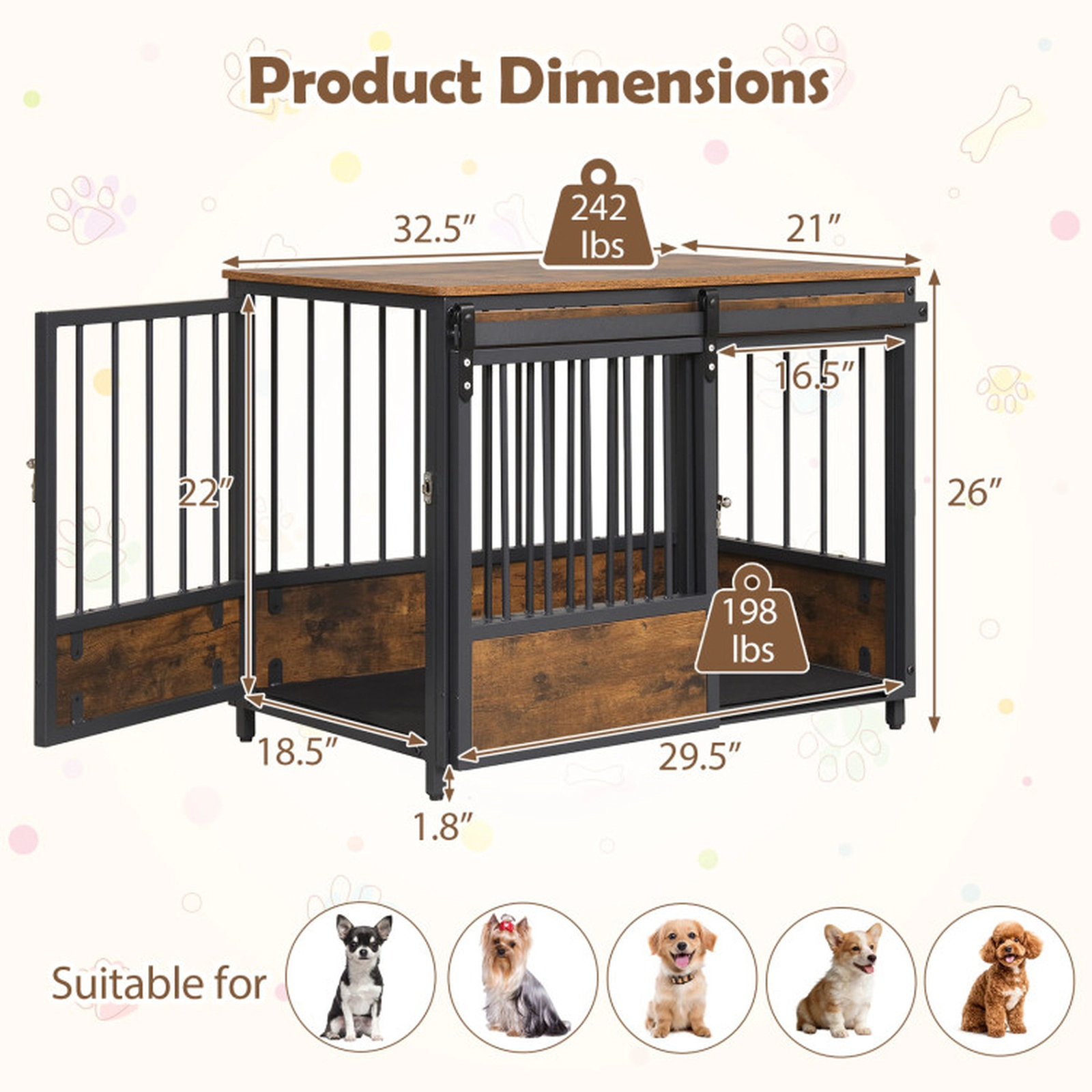 SUGIFT Furniture Style Dog Crate with 2 Doors Safety Latch Dog Mat and 242-lb Wooden Top for Small Dogs