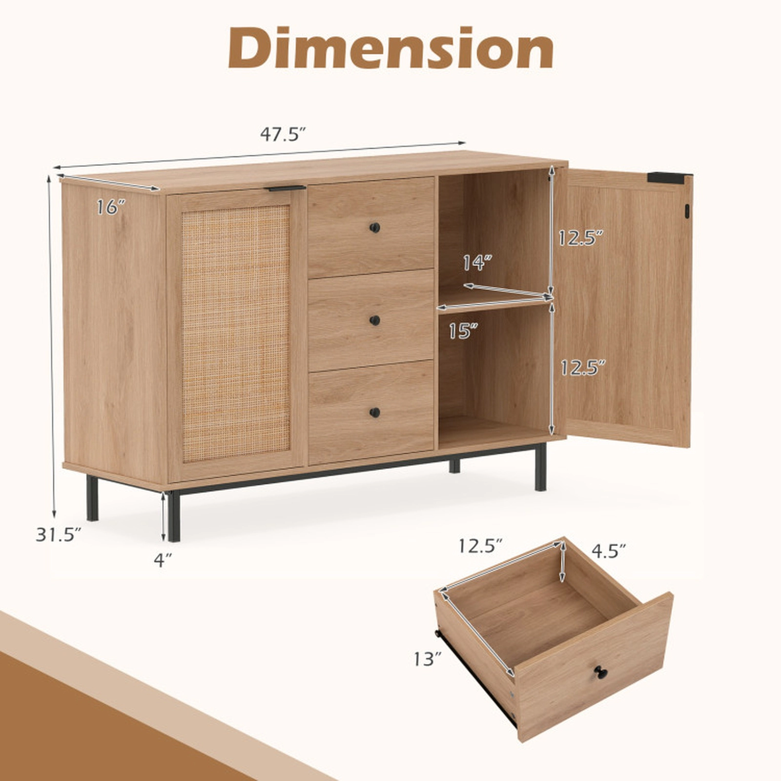 SUGIFT Rattan Door Sideboard Buffet Cabinet Coffee Bar Table 110-lb Tabletop Capacity Brown/Natural