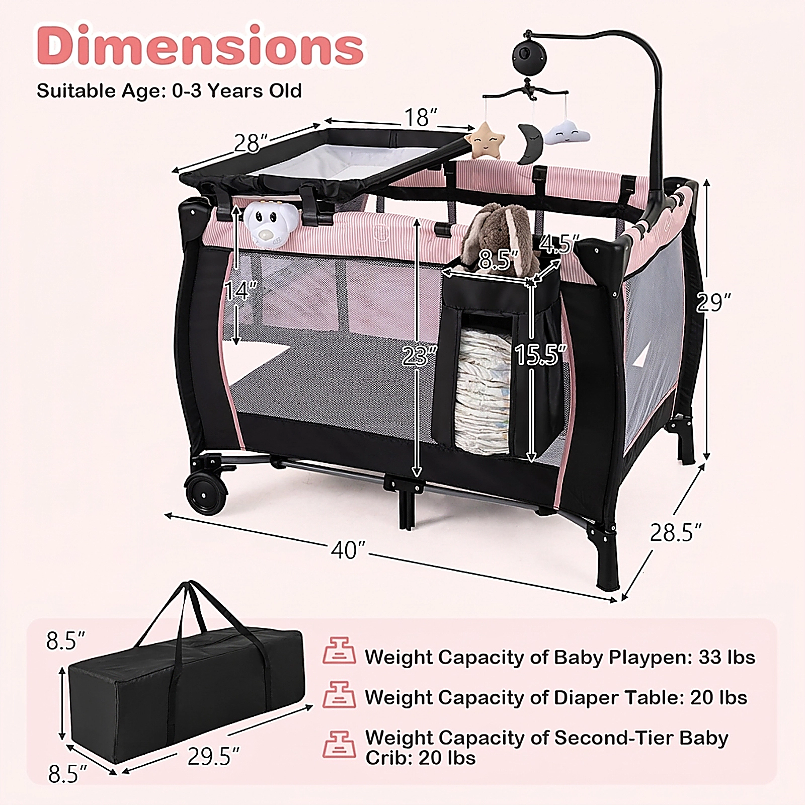 SUGIFT 3-in-1 Multi-Functional Baby Playpen with Removable Changing Table Bassinet and Metal Frame