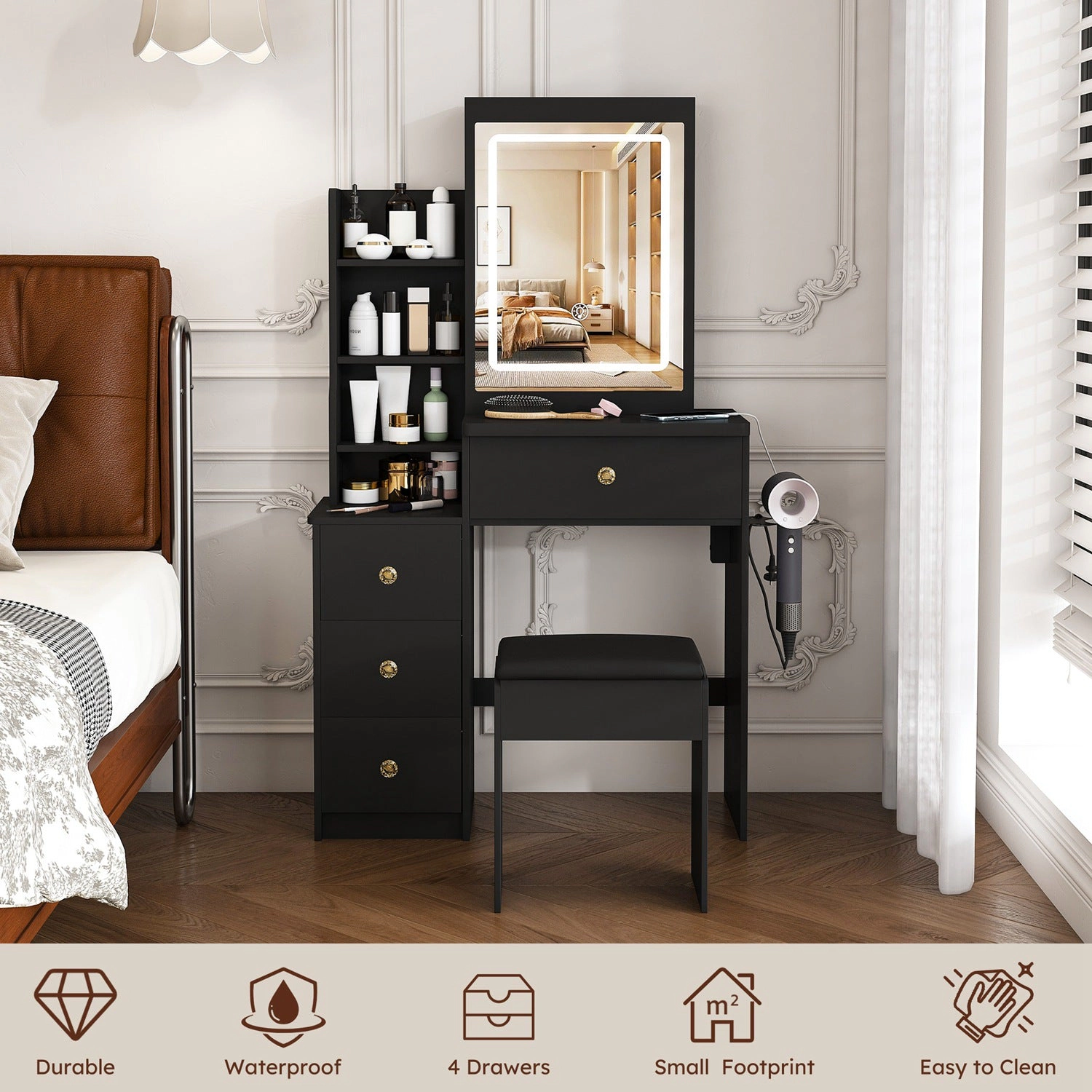 GBruno Lighted 4-Drawer Vanity Desk With Stool