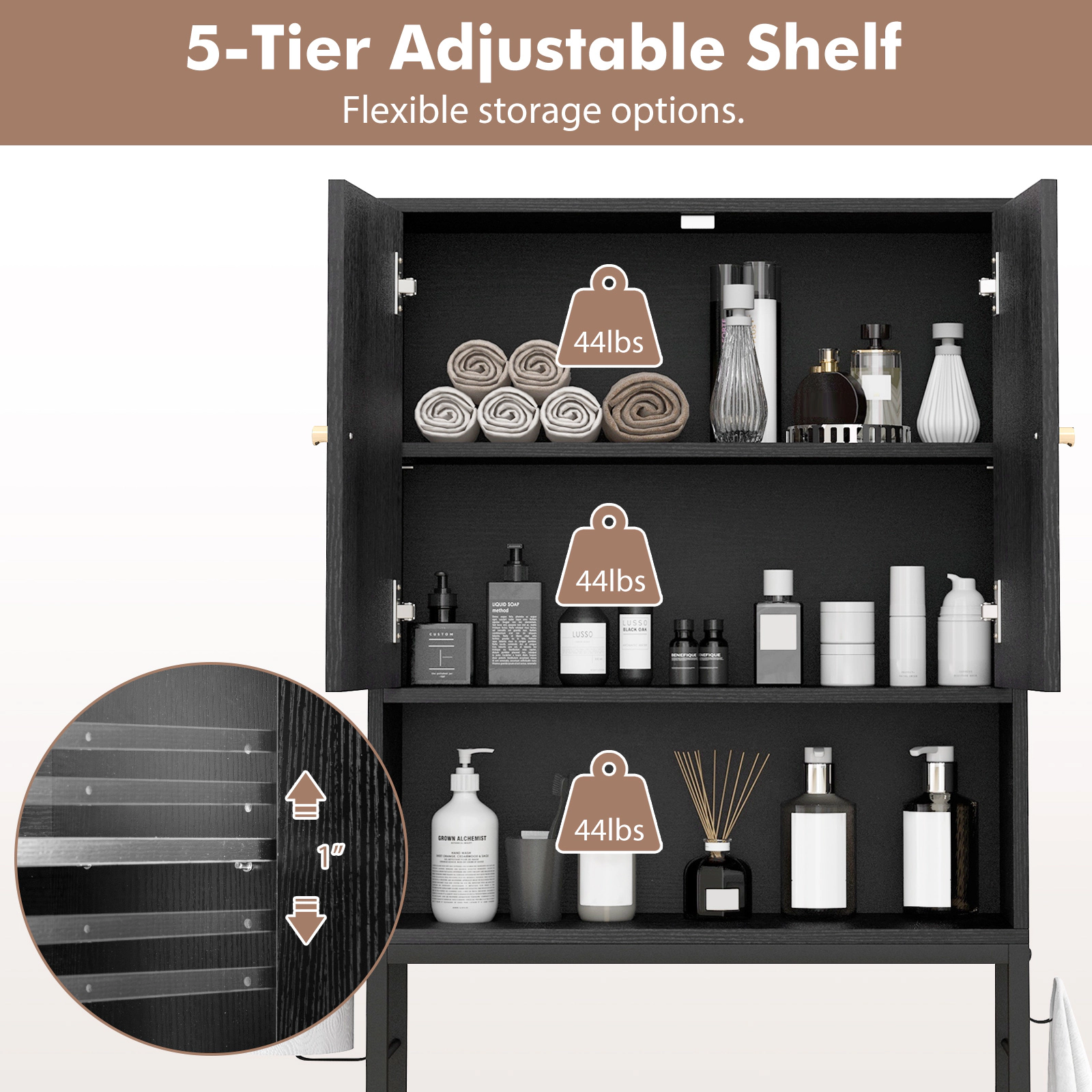 SUGIFT Over the Toilet Storage Cabinet Black with 2 Doors Side Hooks and Adjustable Shelf