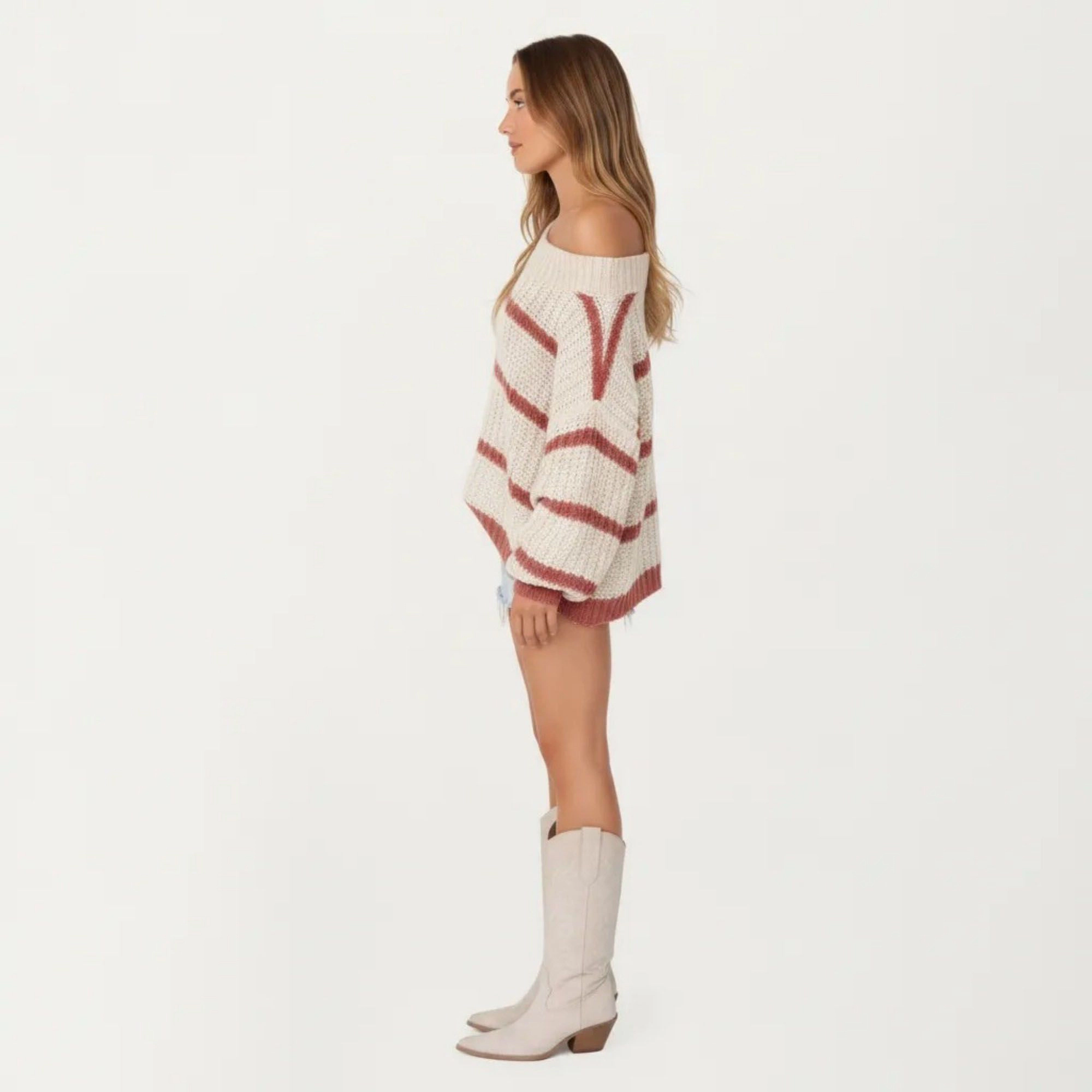 Anna-Kaci Women's Off Shoulder Striped Knit Sweater Top with Ribbed Boat Neckline Long Sleeves Relaxed Oversized Fit