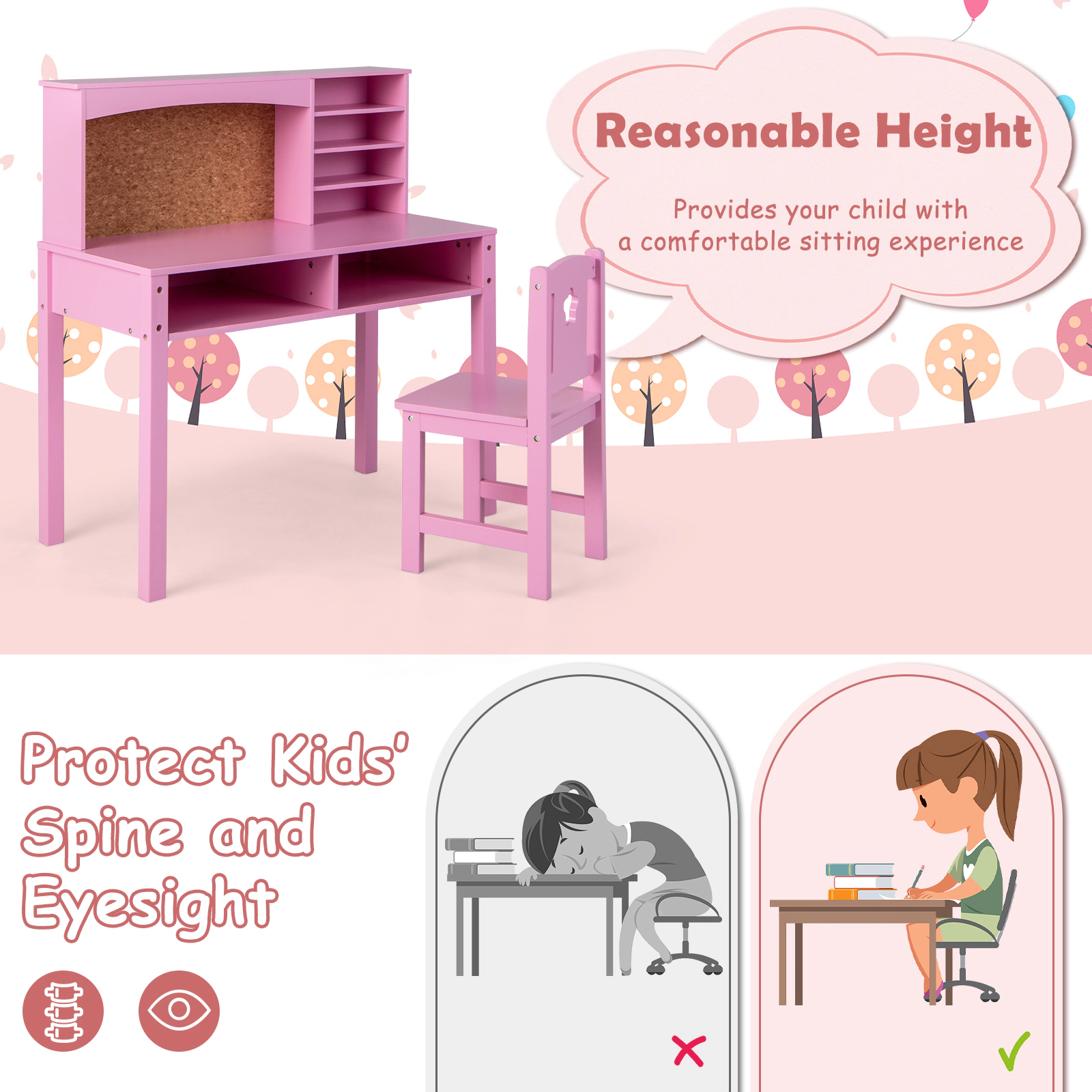SUGIFT Kids Desk and Chair Set with Hutch and Cork Bulletin Board 44-lb Desk 88-lb Chair Ages 3+ Pink/White