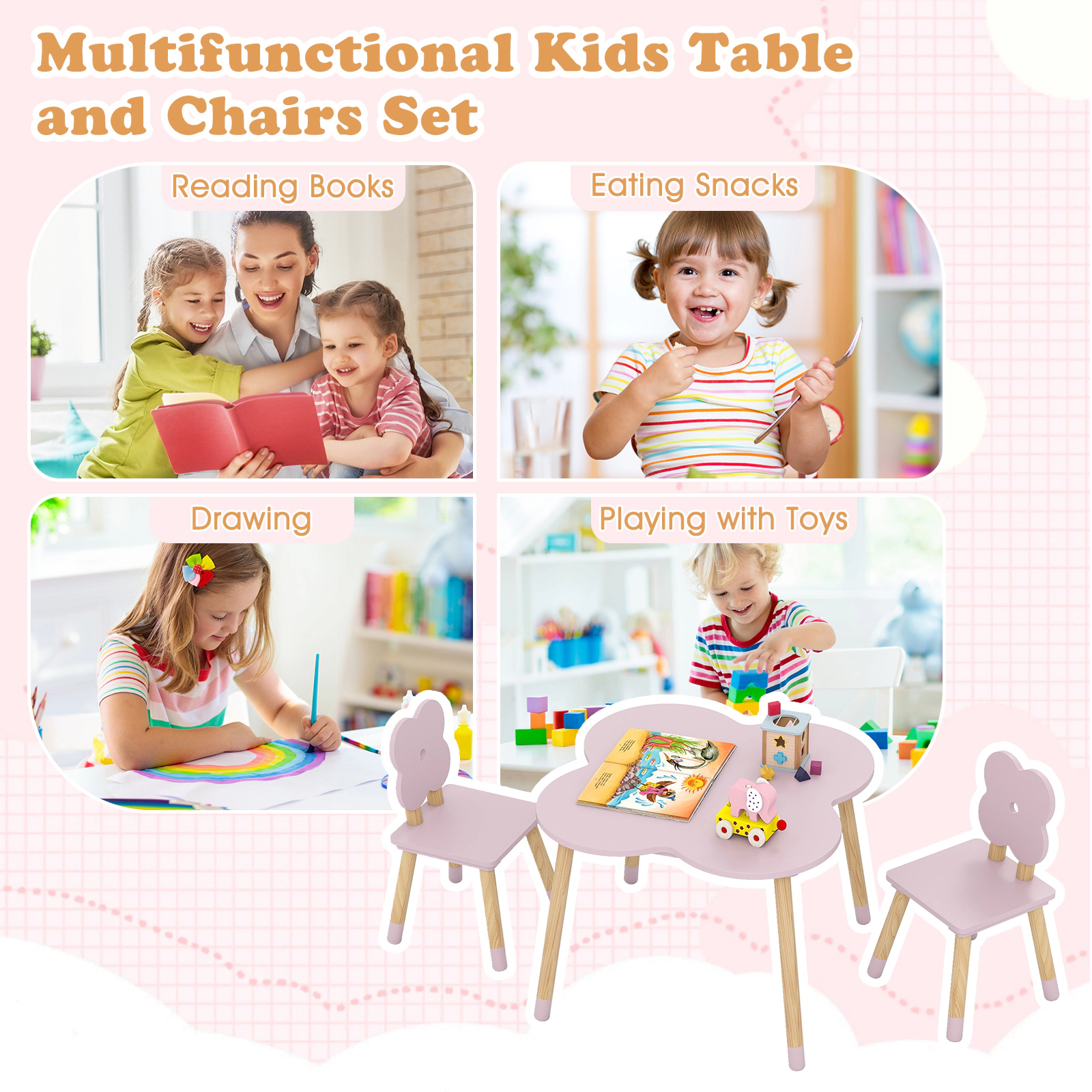 SUGIFT Pink Solid Pine Wood Legs 3-Piece Kids Flower Shaped Table and Chairs Set