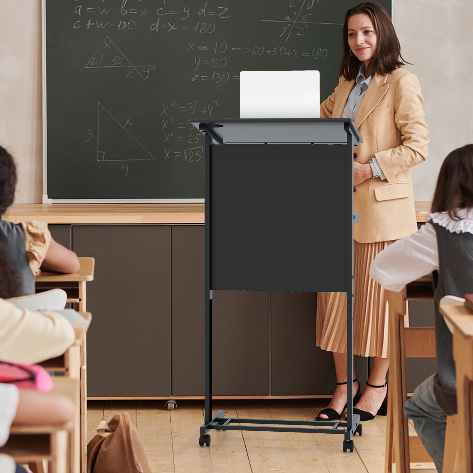 SUGIFT 3-Position Height Adjustable Lectern Lap Desk Table with Tilted Tabletop 45-lb Capacity with Storage Shelf Black