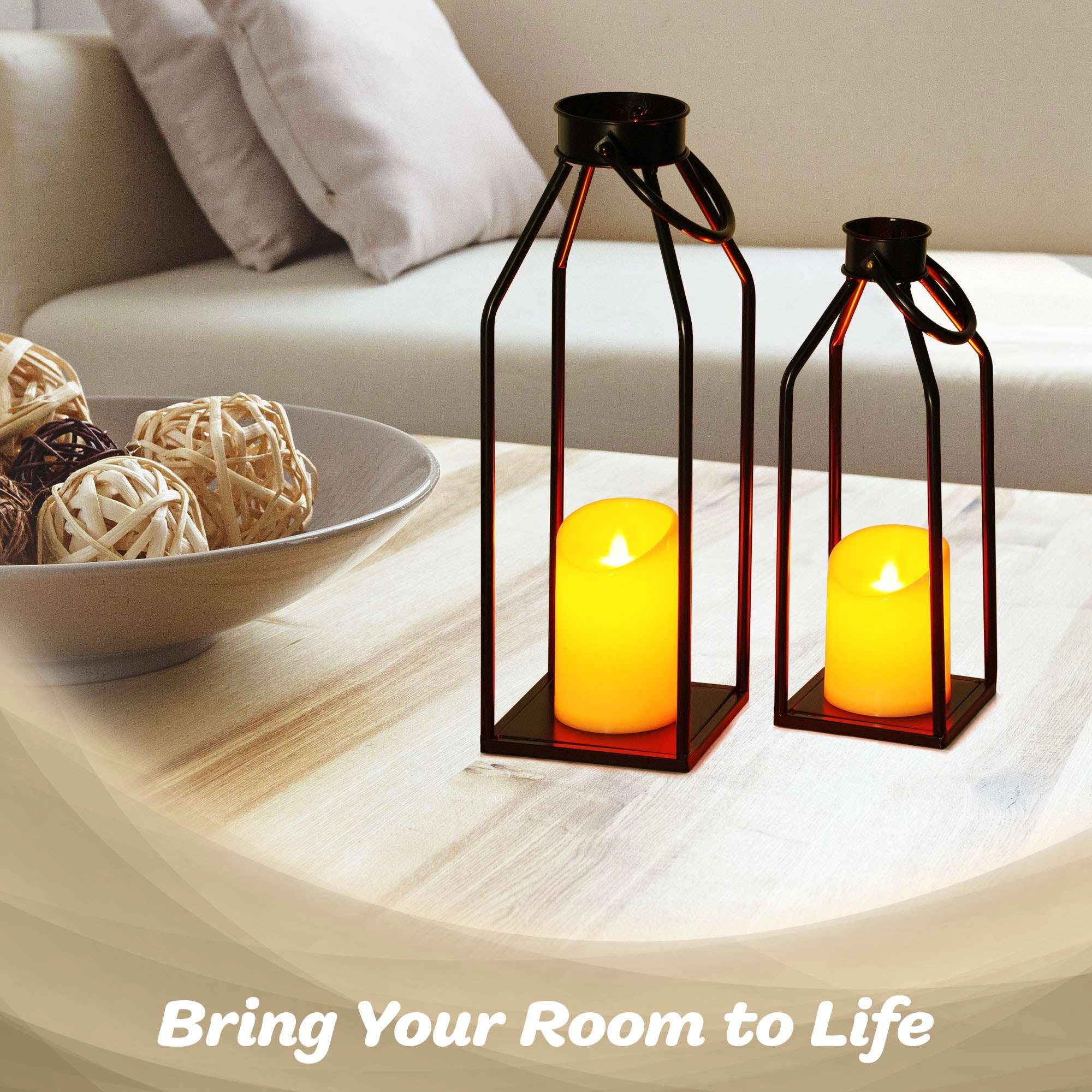 G128 2-Pack Black Metal Flameless Lanterns with Built-In LED Candles, 15in Modern Farmhouse Decor