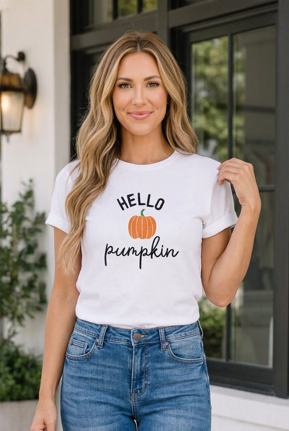 Threaded Pear Women's Harlee Sleeve Hello Pumpkin T-Shirt