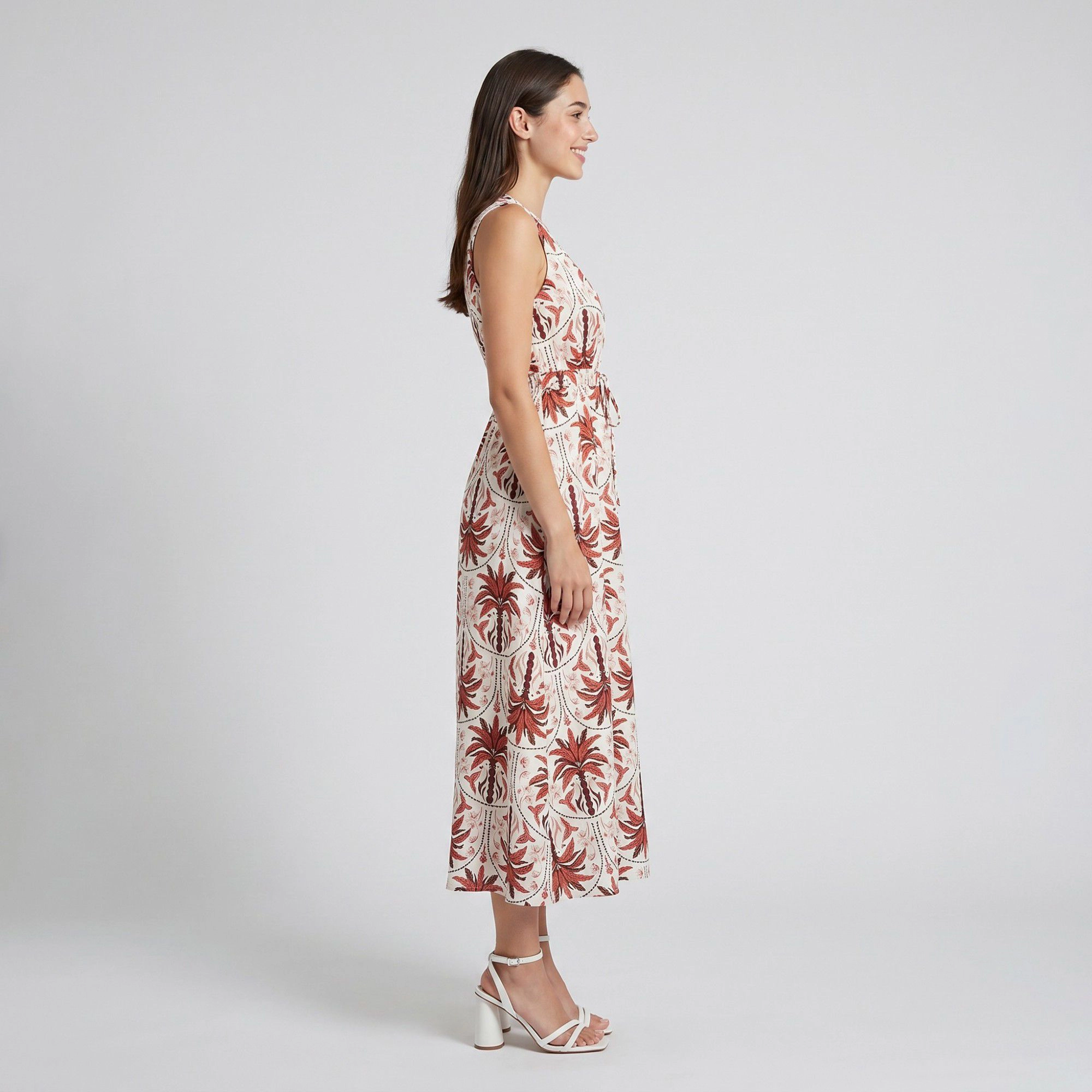 Anna-Kaci Women's Botanical Print Sleeveless V-Neck Tie Waist Side Pockets A-Line Maxi Dress