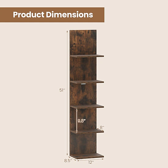 SUGIFT 5-Tier Rustic Brown Wall Mounted Bookshelf with Wood Grain Finish 12-in W 8.5-in D 51-in H 11-lb Per Shelf