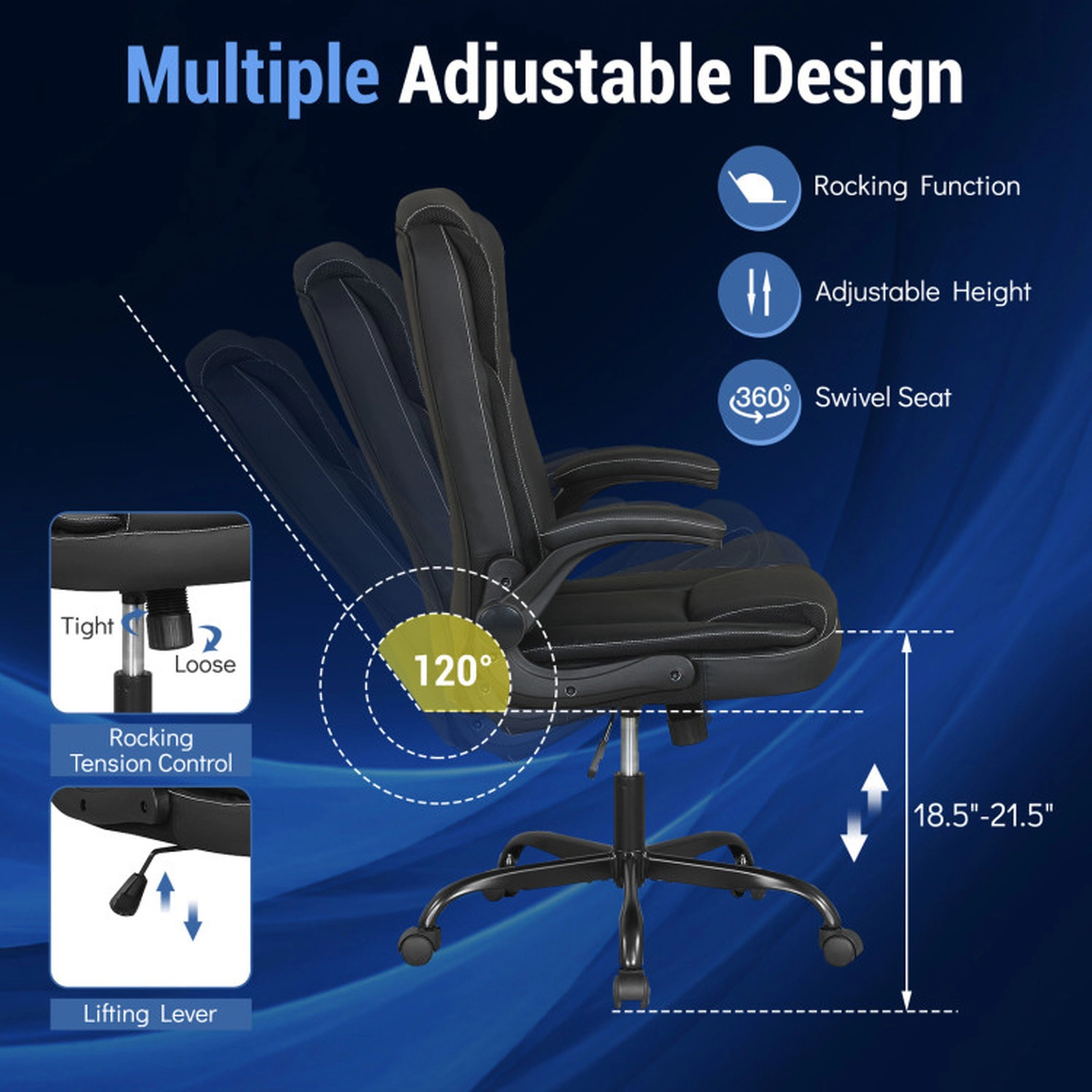 SUGIFT Ergonomic Leather Office Chair with Rocking Function and Flip-Up Armrests 300-lb Capacity Black