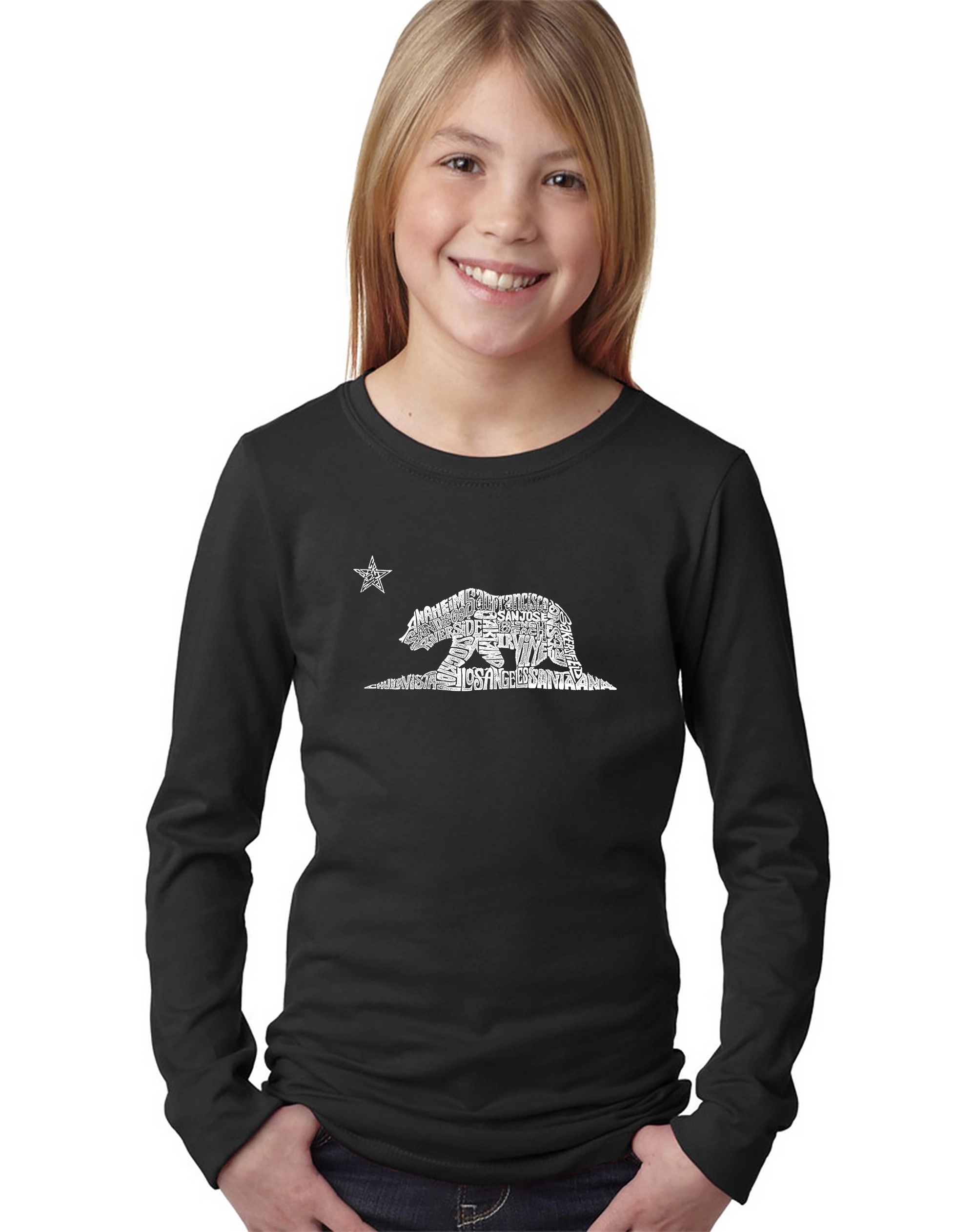 LA Pop Art Girls Long Sleeve Word T-Shirt - California Bear