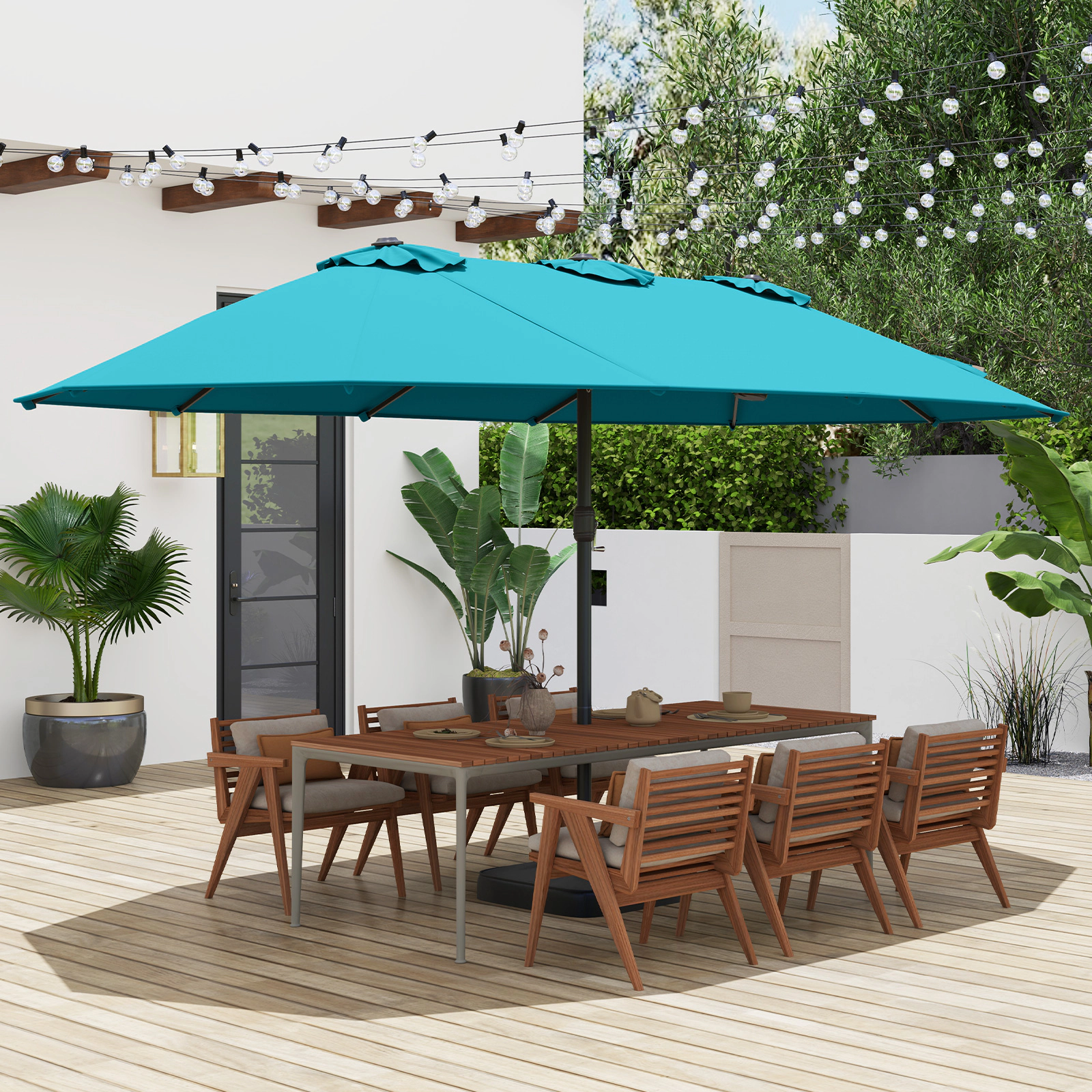 SUGIFT 15-ft Turquoise Rectangular Double-Sided Patio Umbrella with Hand Crank