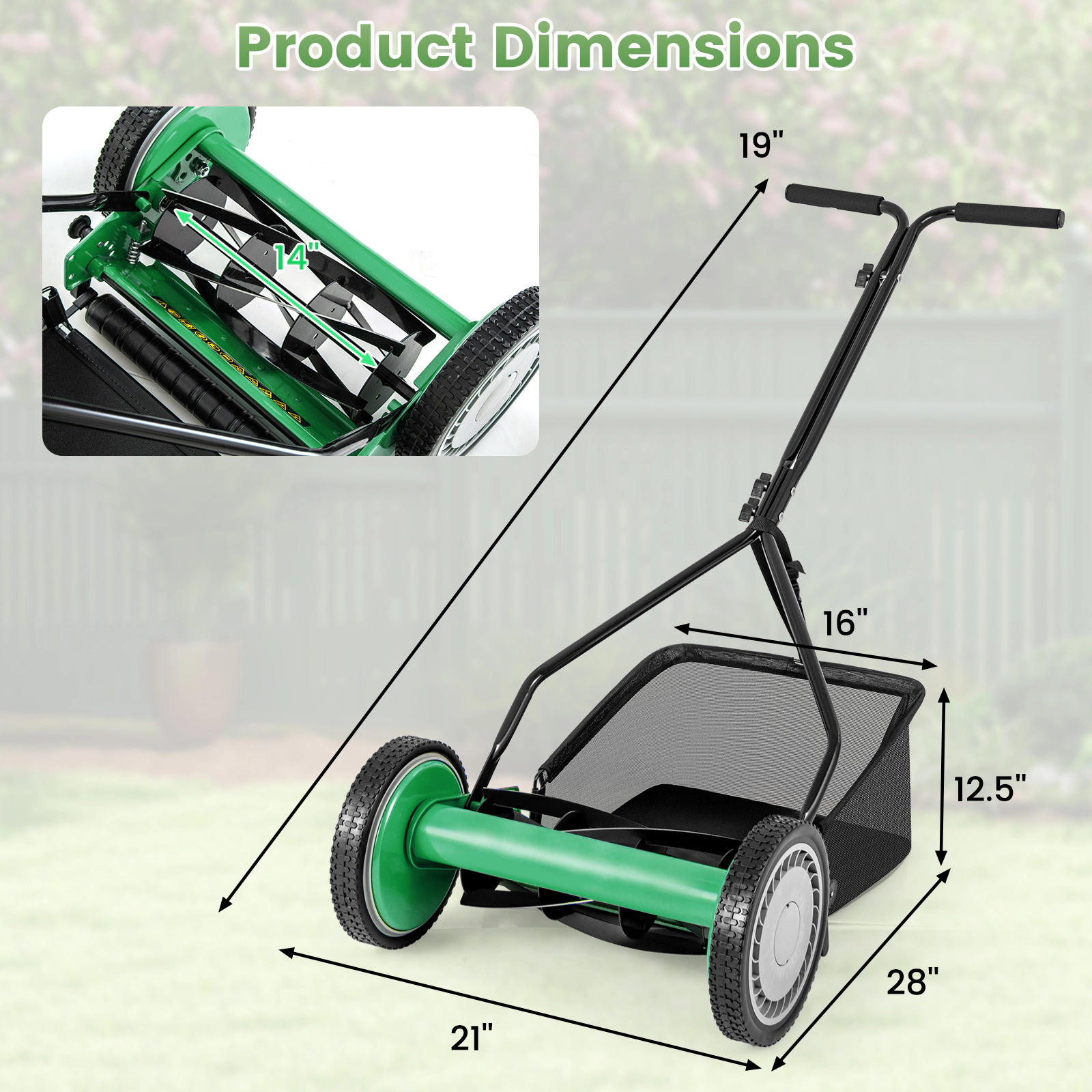 SUGIFT Green 14-in Manual Push Reel Lawn Mower with 5 Steel Blades 4 Cutting Heights and 7-gal Catcher