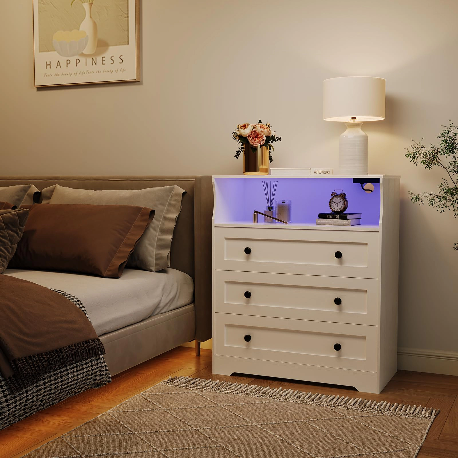 37.2" 3 Drawer Dresser with LED Lights & Charging Station, Wood Storage Chest Open Shelf