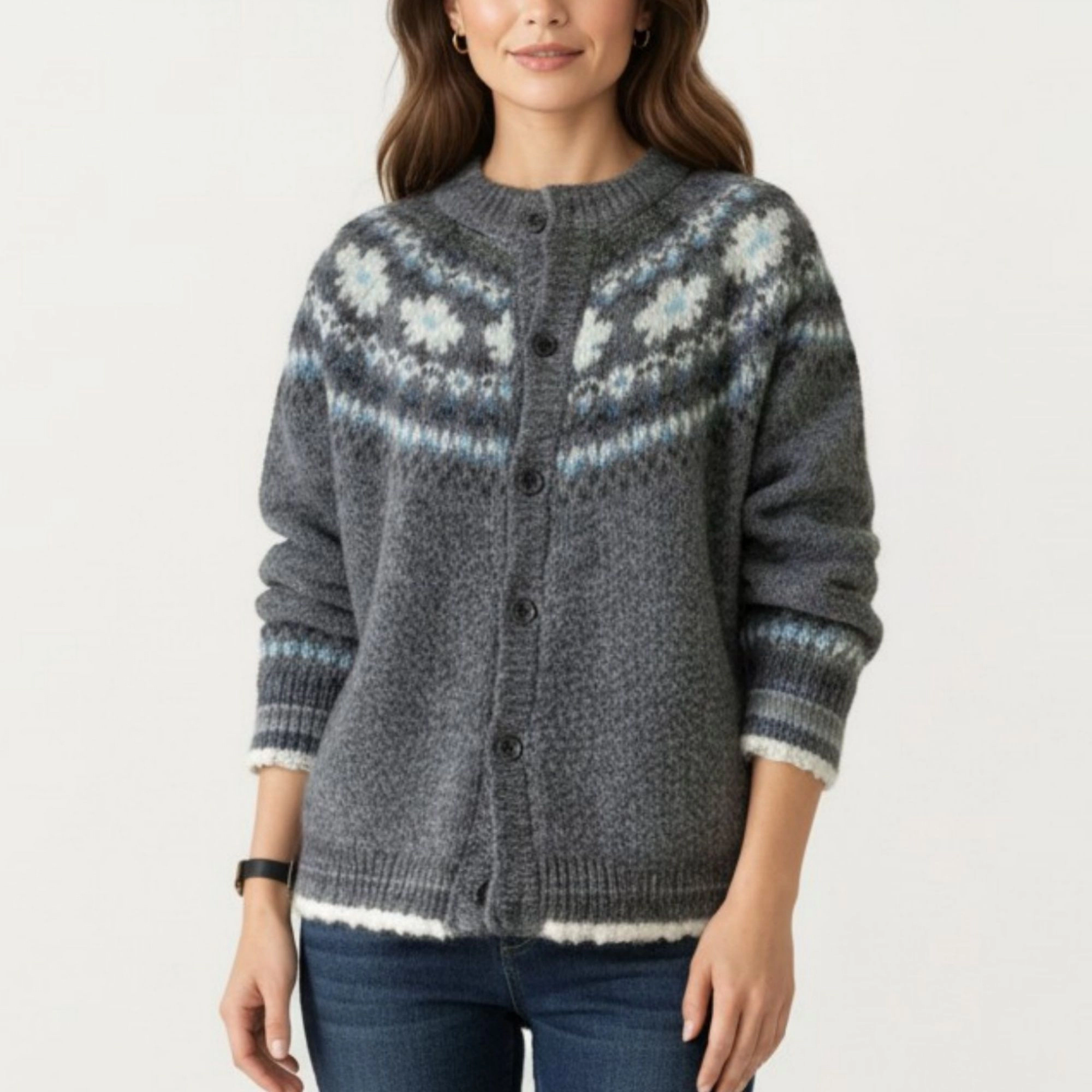 Anna-Kaci Women's Button Front Knit Cardigan with Crew Neckline and Nordic Inspired Pattern Detail