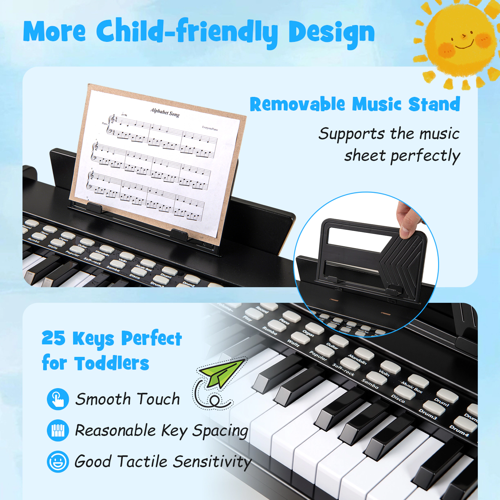 SUGIFT 25-Key Kids Piano Keyboard with Adjustable Speed and Volume Ages 3+ 15-in Wide Black