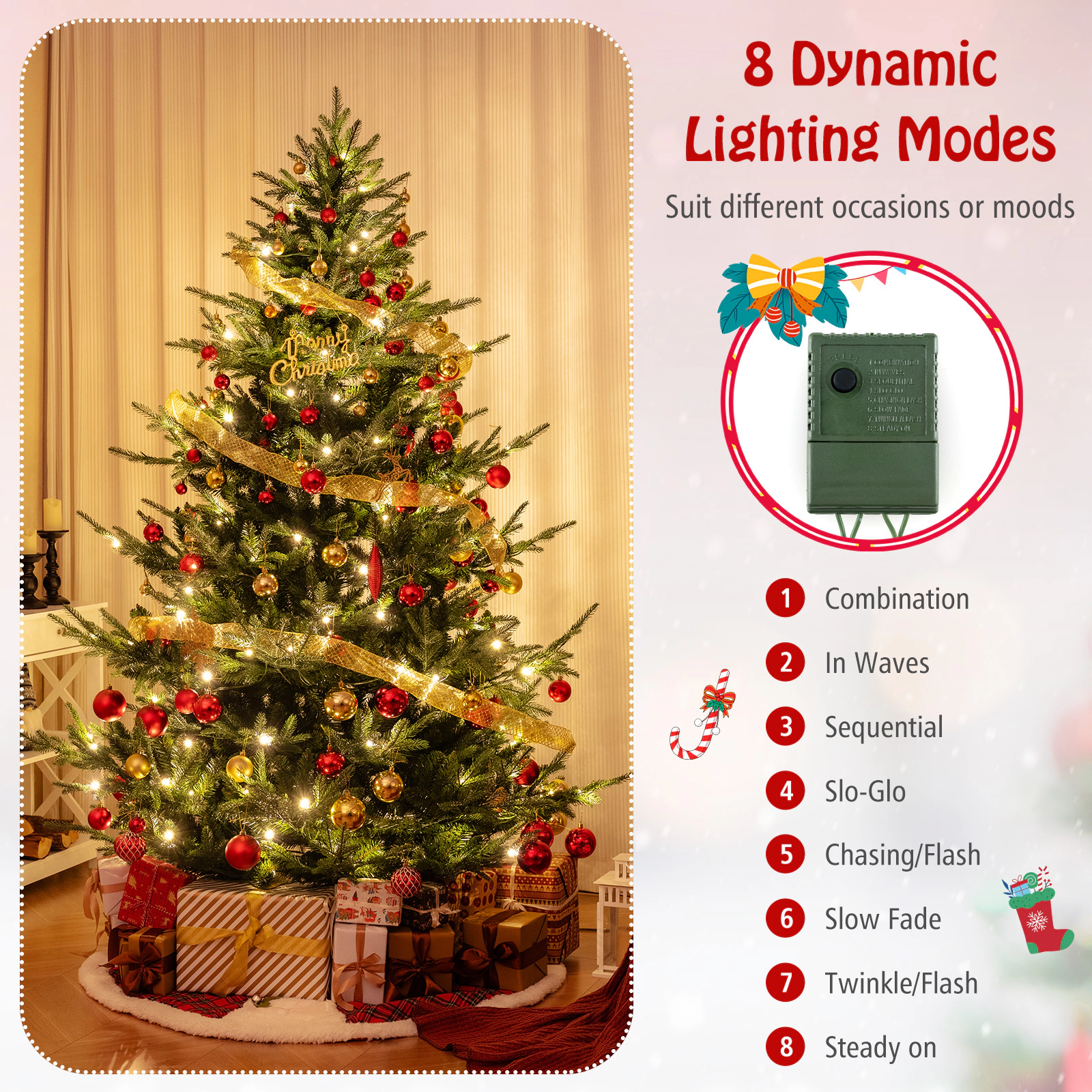 SUGIFT 8-ft Green Pre-Lit Hinged Artificial Christmas Tree with 1480 PVC and PE Tips and 450 LED Lights