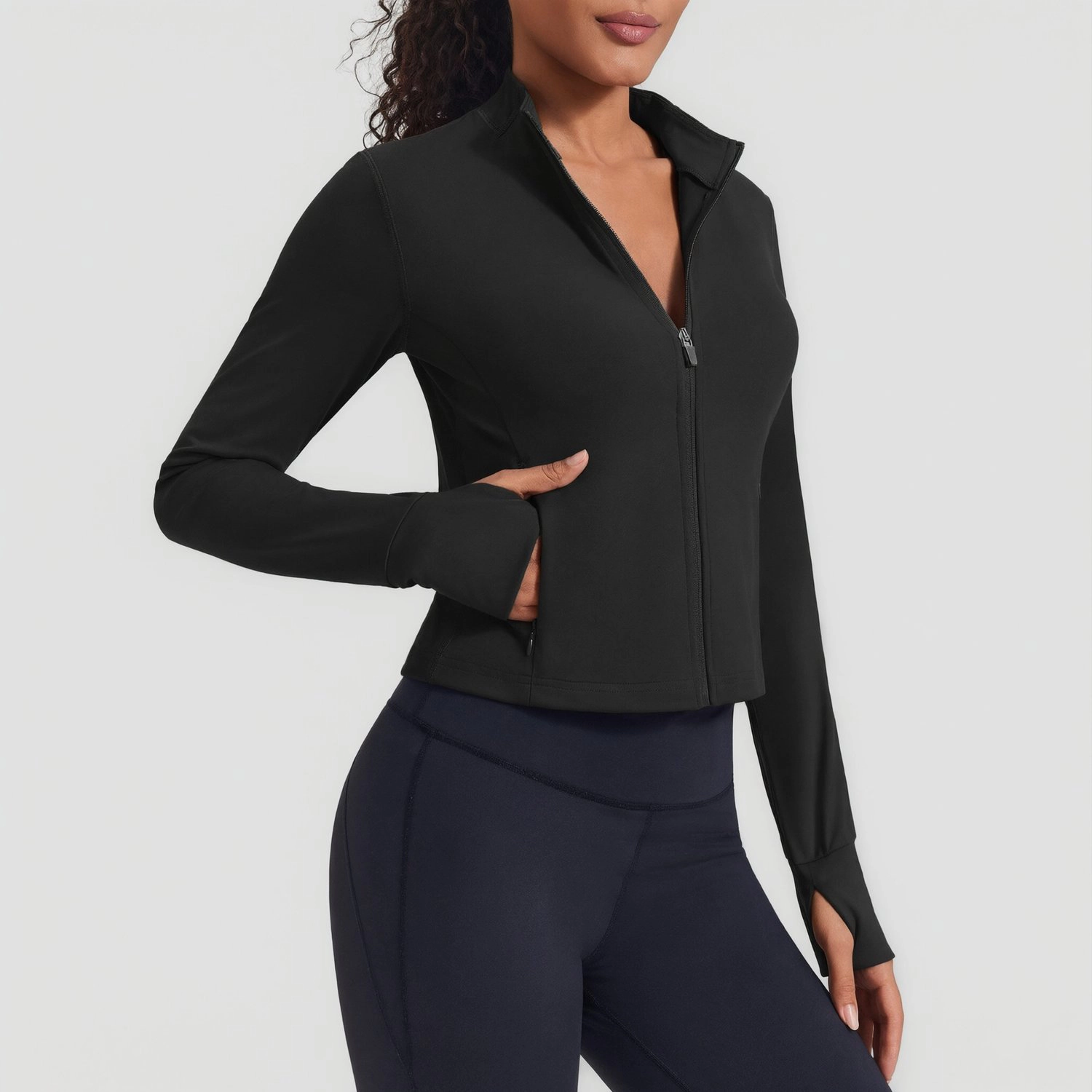 Pinspark Womens Zip Up Cropped Jacket Long Sleeve Thumbhole Slim Fit Athletic Jackets
