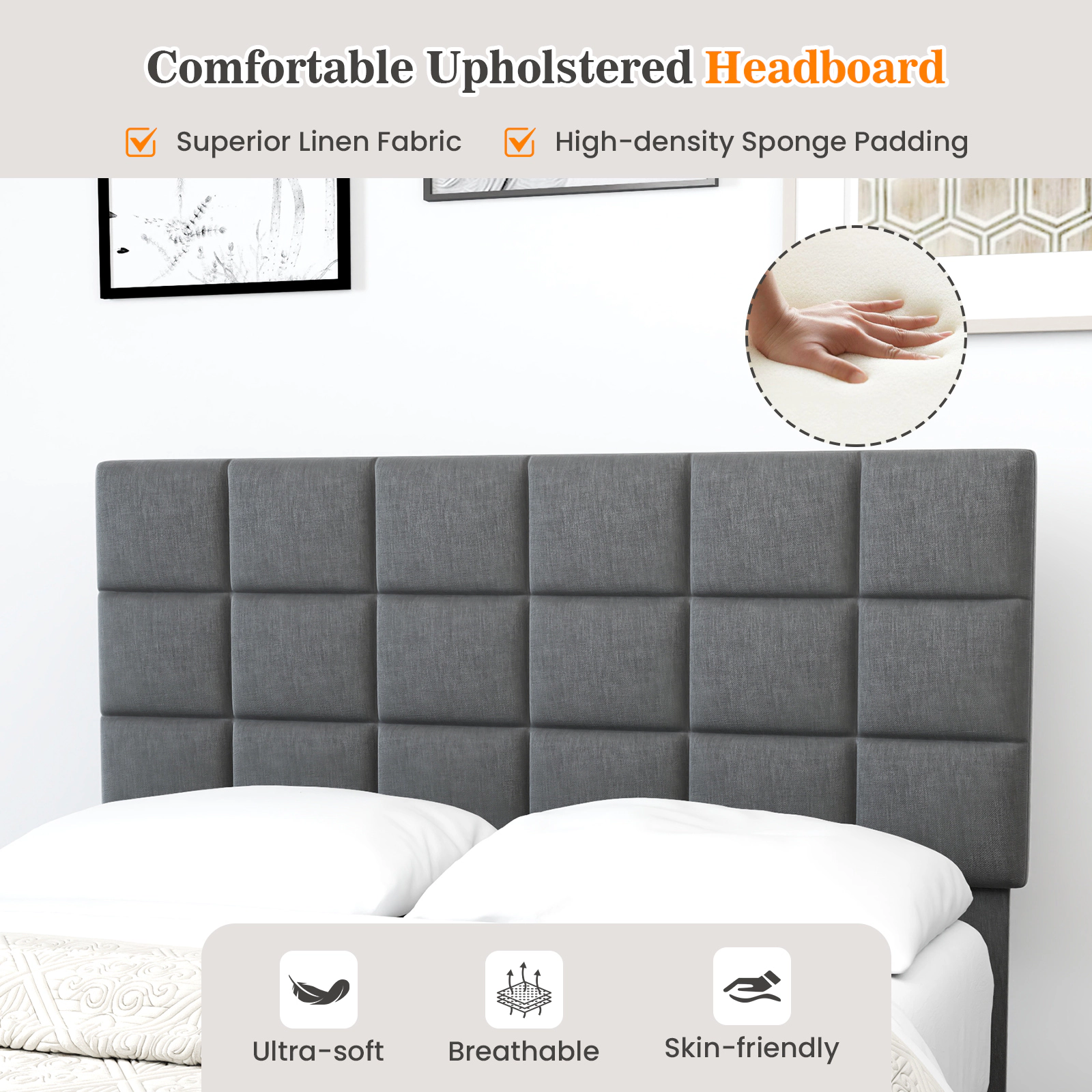 SUGIFT Full Bed Frame, Gray Linen Upholstered Platform Bed with Adjustable Headboard