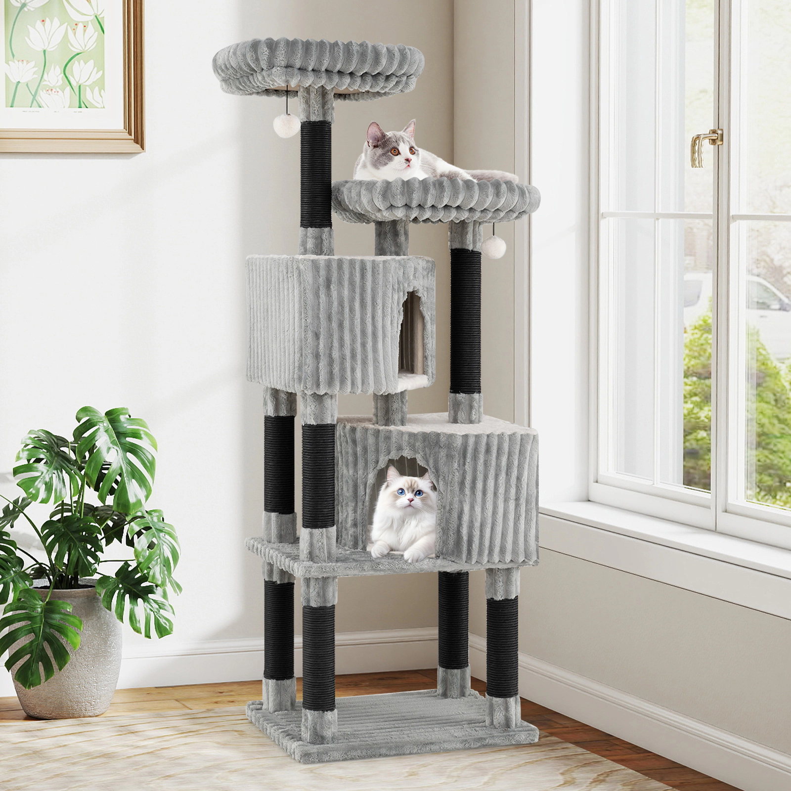 SUGIFT 62-in Light Gray Cat Tree Tower with Ribbed Flannel Covering and Faux Rabbit Fur Perches 23.5-in W