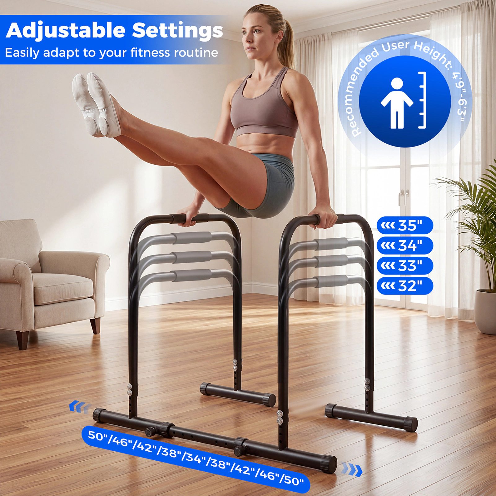SUGIFT Black Adjustable Dip Bar Station with Foam Padded Handles 31.5-in W 34-in to 50-in D 330-lb User Capacity