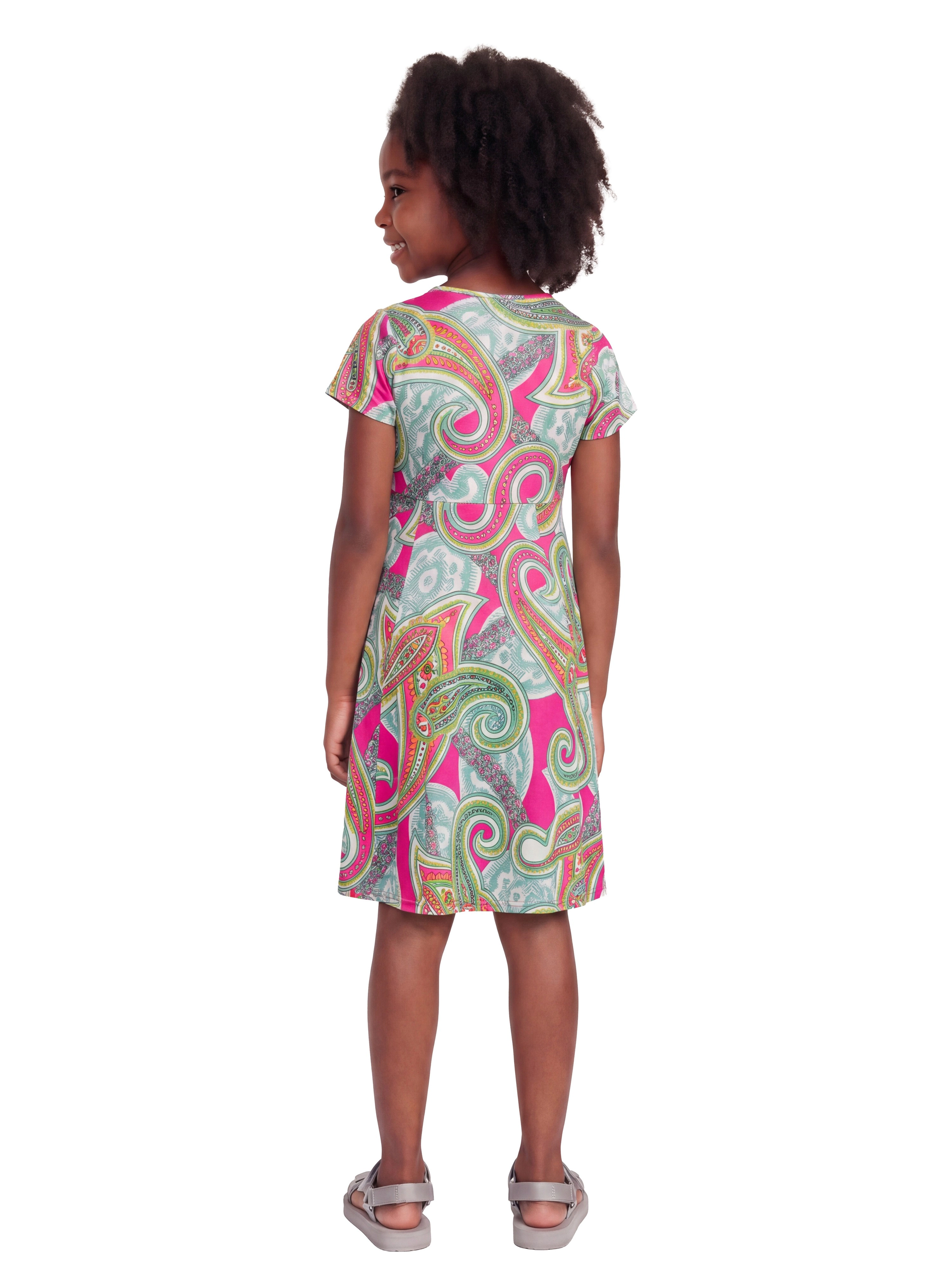 24sevenKid Girls Pink Paisley Print Short Sleeve Fit and Flare Dress
