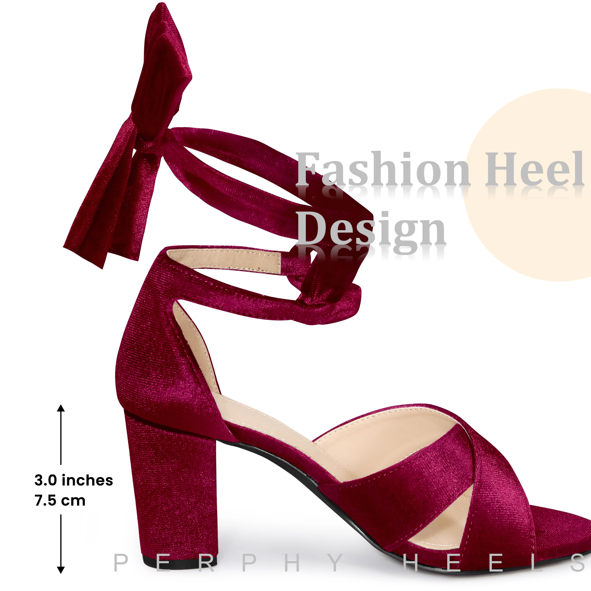 BLISSFUL STEP Women's Velvet Crisscross Strap Lace Up Open Toe Chunky Heel Sandals