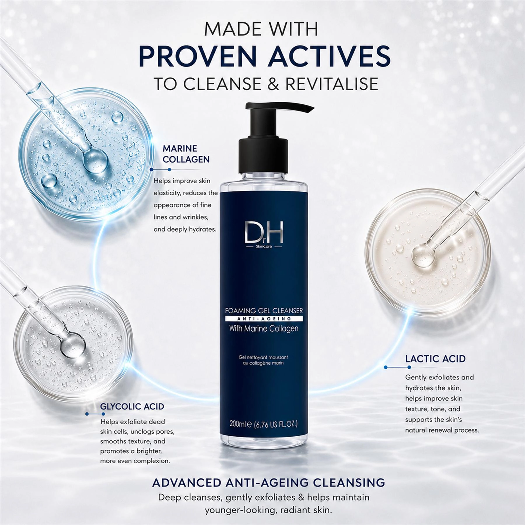 Dr H Foaming Gel Cleanser with Marine Collagen for Acne, Pores & Brightening 6.8 oz