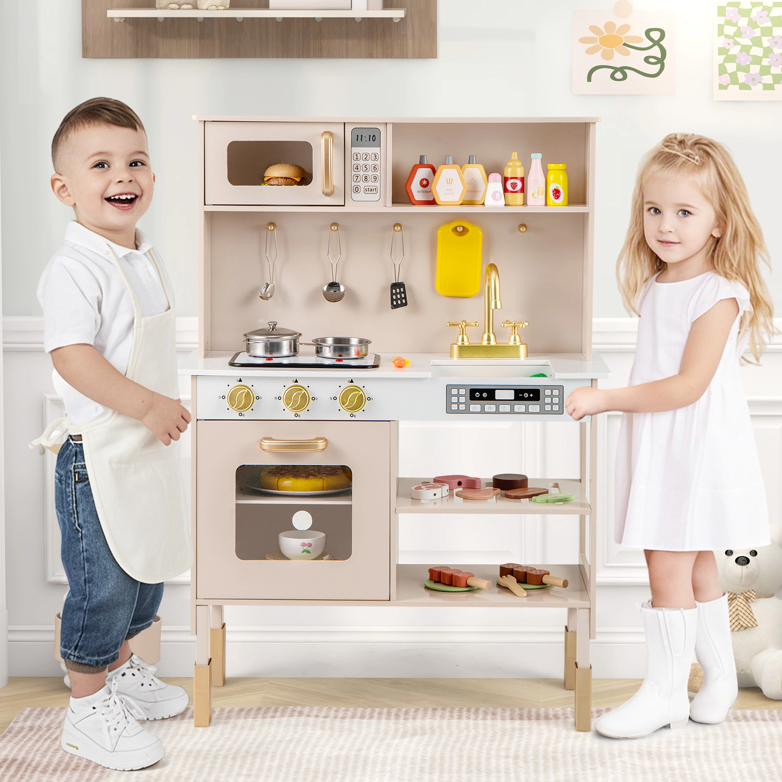 LJG Kids Play Kitchen Height Adjustable with Microwave and Lights and Sounds