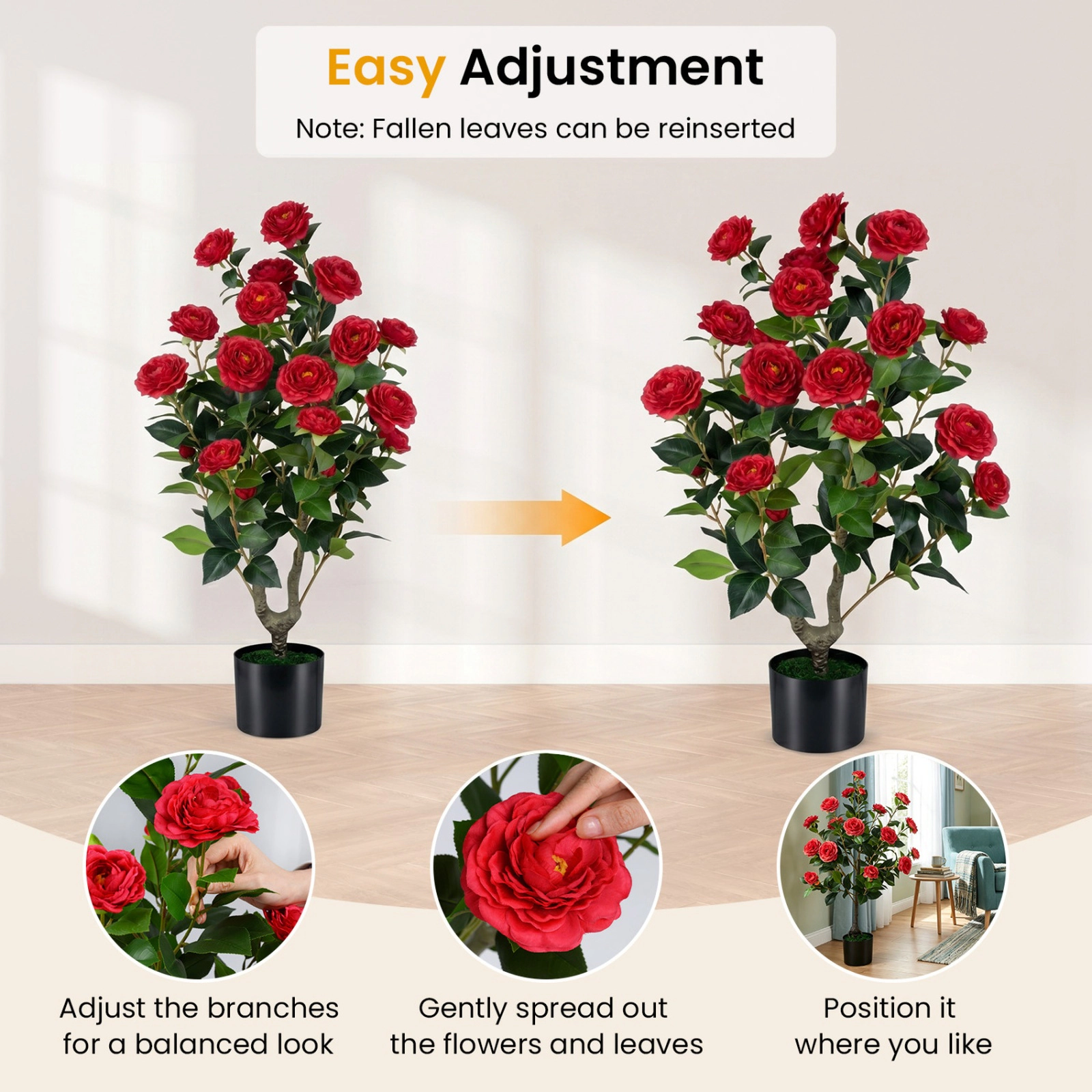 SUGIFT 2-Pack Artificial Camellia Tree Faux Flower Plant in Cement-Filled Pot 35.5-in Tall PE Trunk with Grass Red