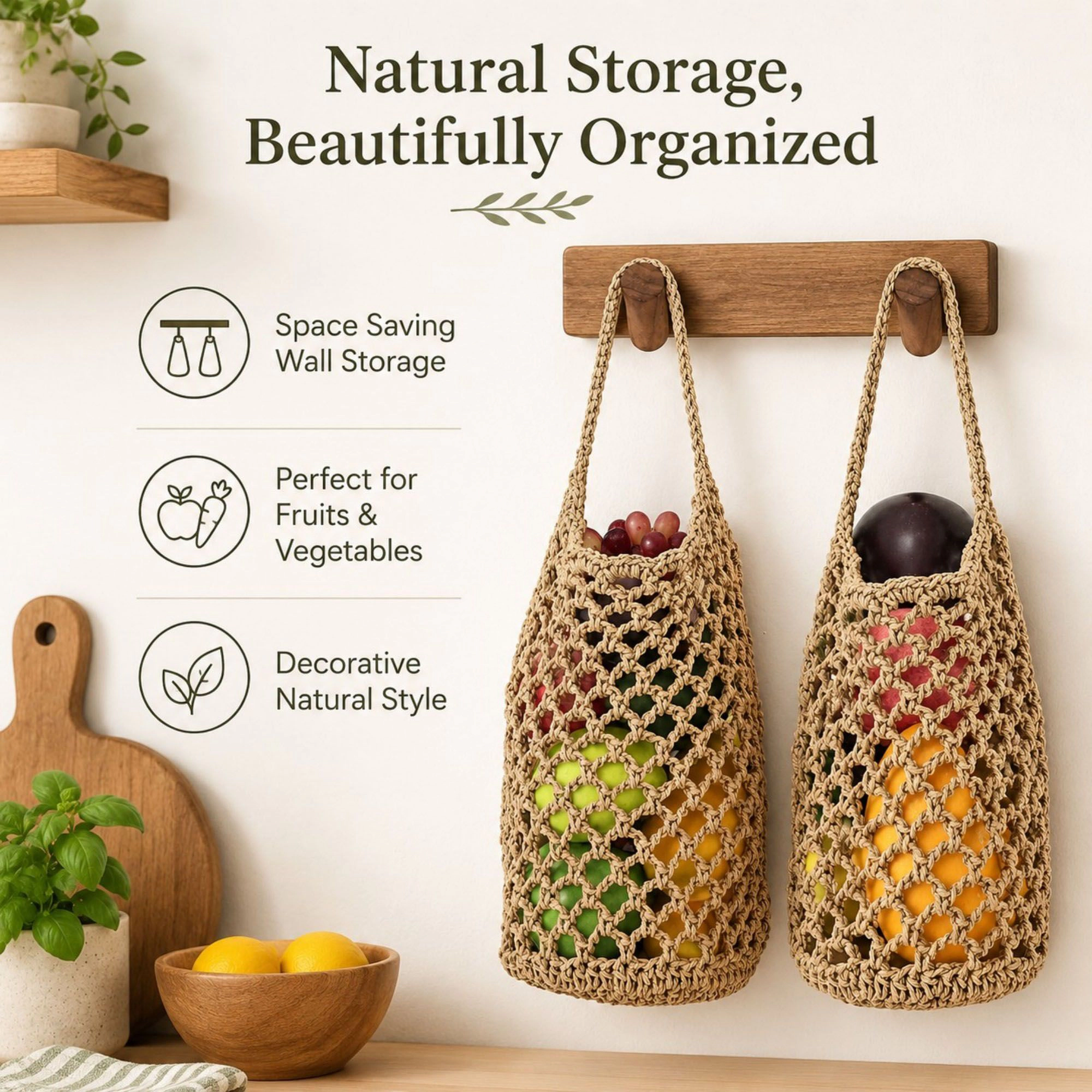 Alilang Women Macrame Hanging Produce Basket Set Woven Cotton Rope Storage Organizer
