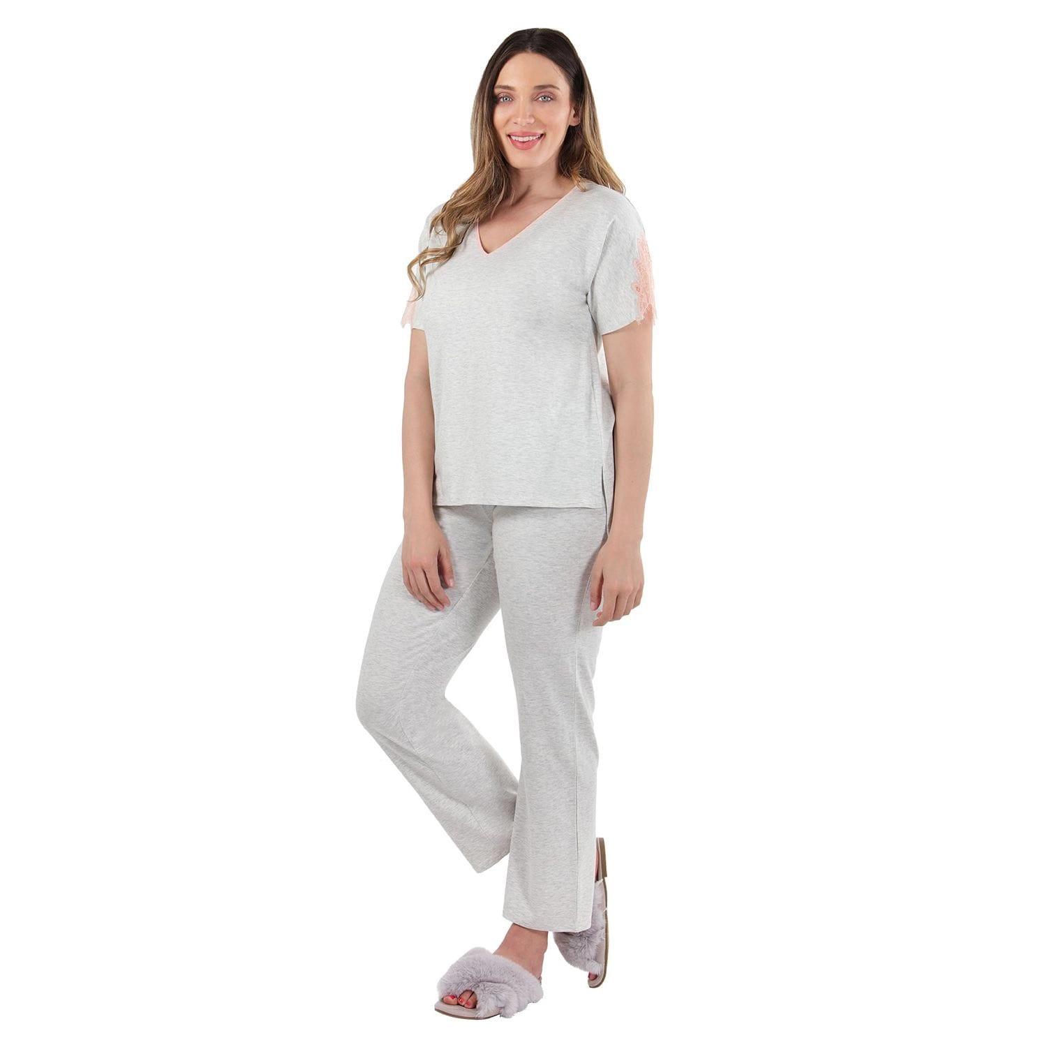 MeMoi Women's Cotton Blend Lace Trim Short Sleeve Top and Pants Sleep Set