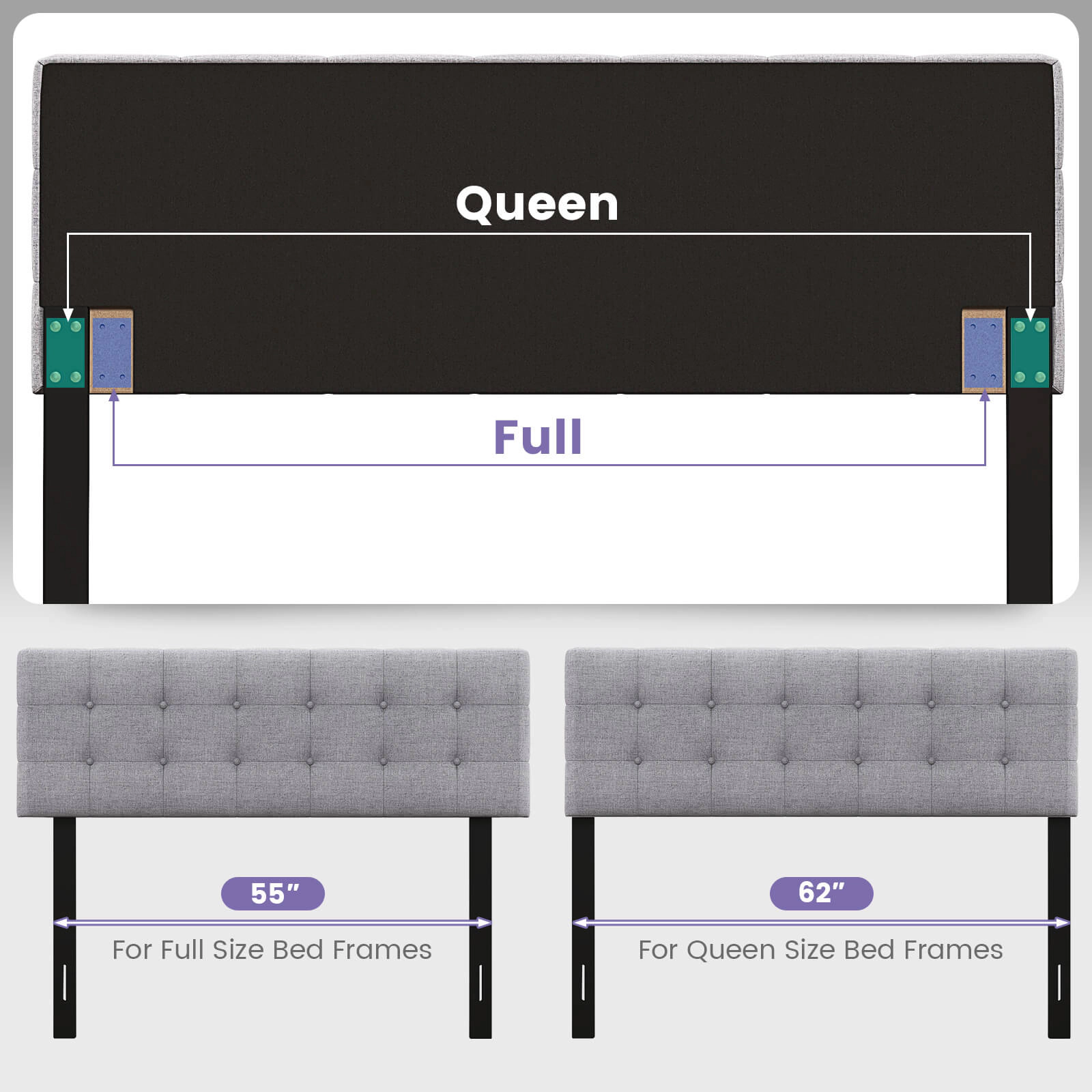 SUGIFT Adjustable Linen Upholstered Headboard with Solid Rubber Wood Legs for Full and Queen Beds 63.5-in Wide Gray