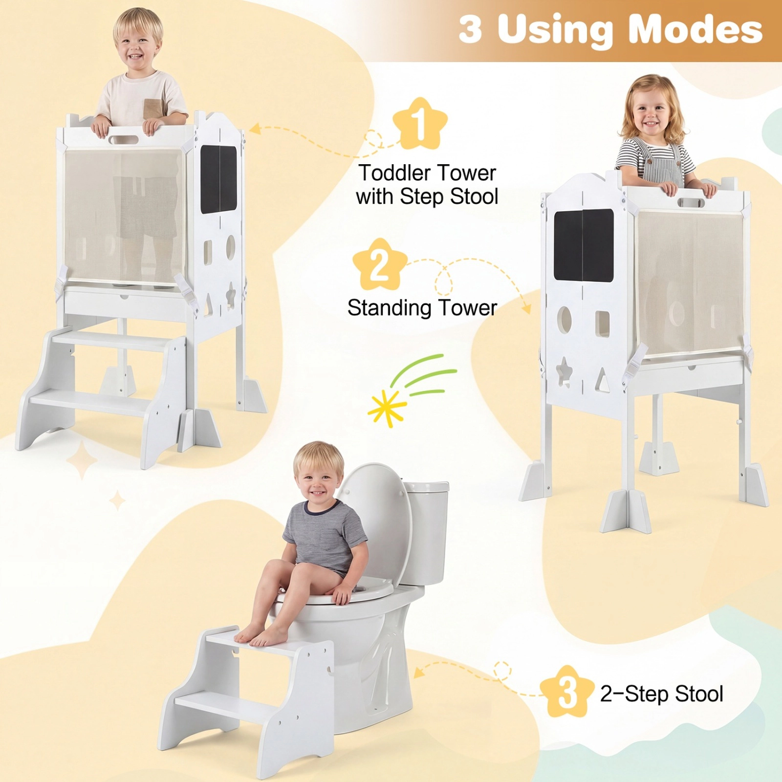 SUGIFT White Foldable Toddler Learning Tower with Chalkboards and 2-Step Stool for Kids Kitchen Helper