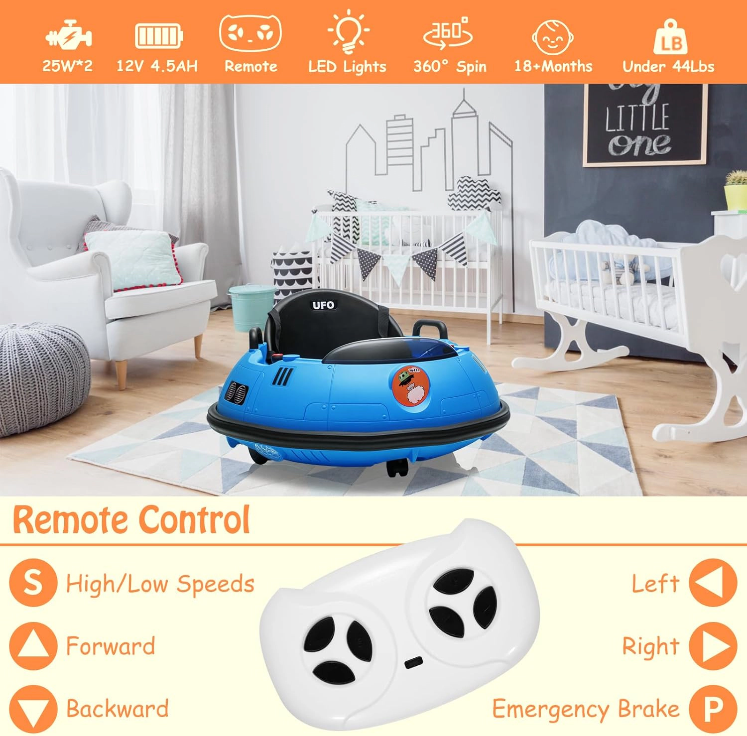 Enjyam 12V Electric Bumper Car for Toddlers, Kids Ride-On with Remote, 360 Degree Spin, LED Lights, Dual Joysticks