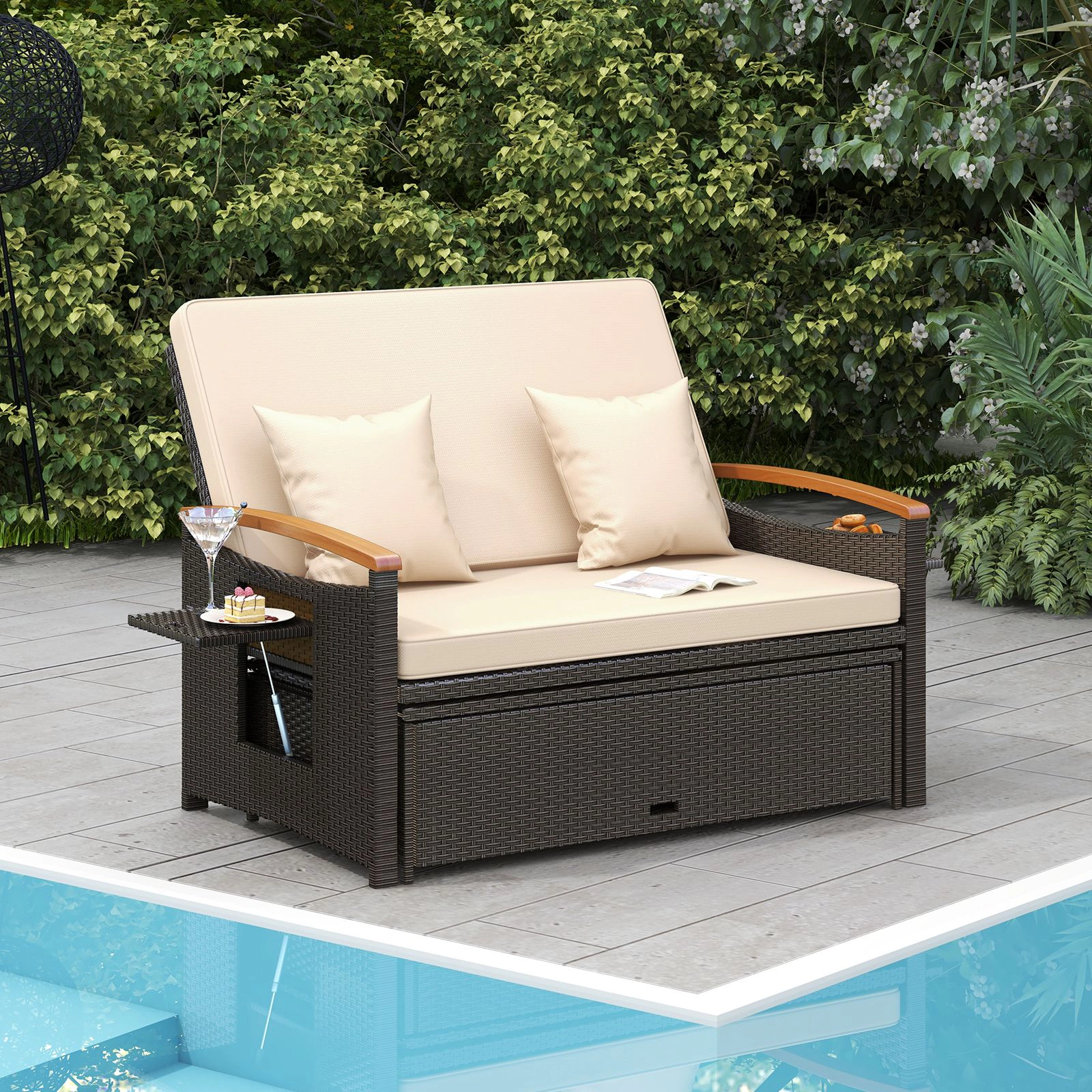 SlickBlue Modern Outdoor Rattan Loveseat Daybed with Storage Ottoman