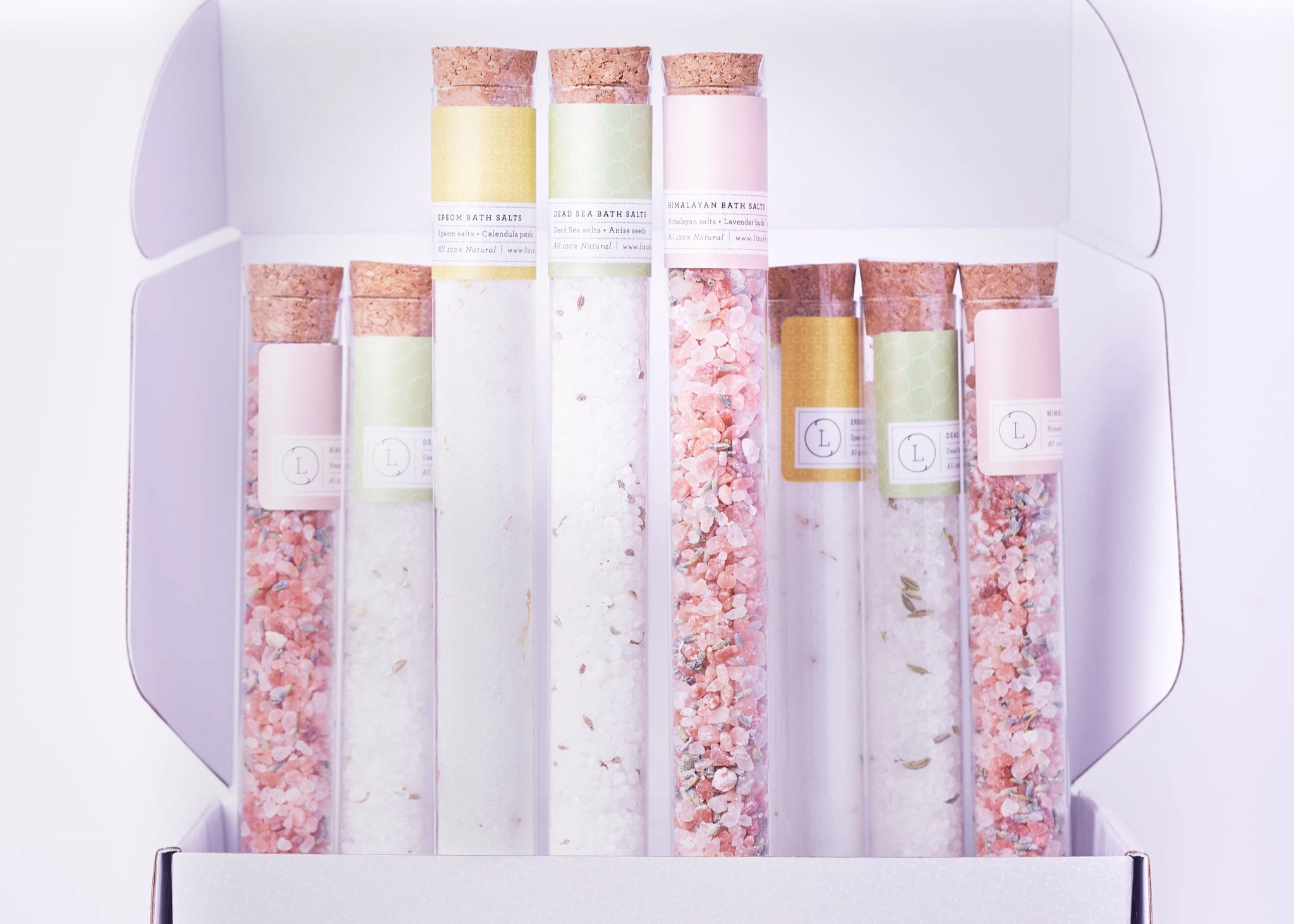Natural Bath Salts and Bath Bomb Gift Set in Reusable Glass Tubes - 8-Piece Spa Gift