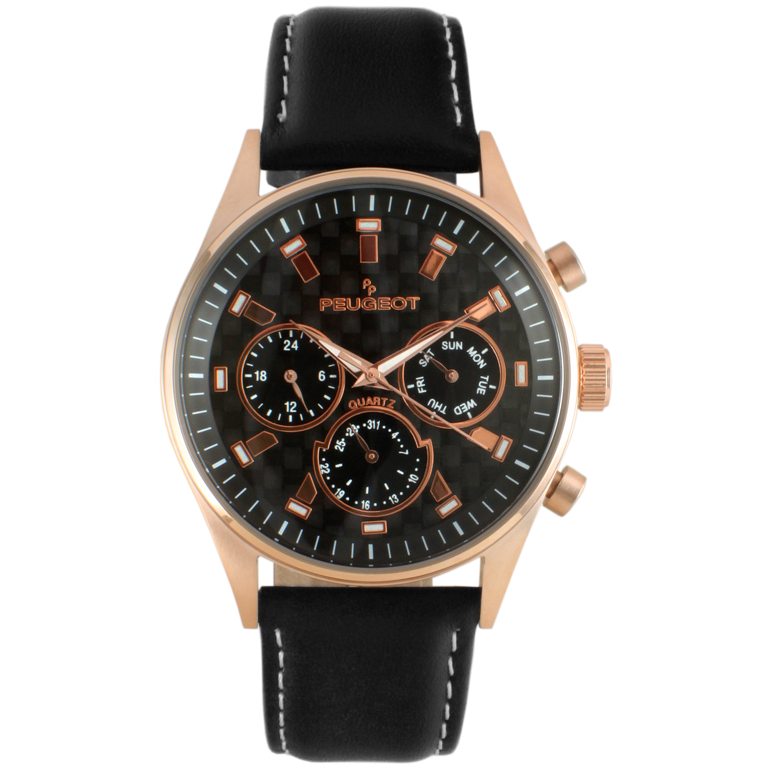 Peugeot Men Rose-Gold Plated Multi-Function Leather Strap Watch