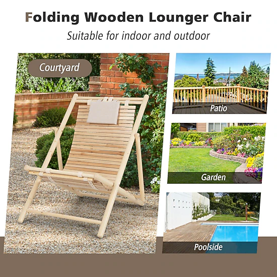 Hivvago Solid Fir Wood Lounge Chair with 3-Level Adjustable Backrest and Soft Padded Headrest