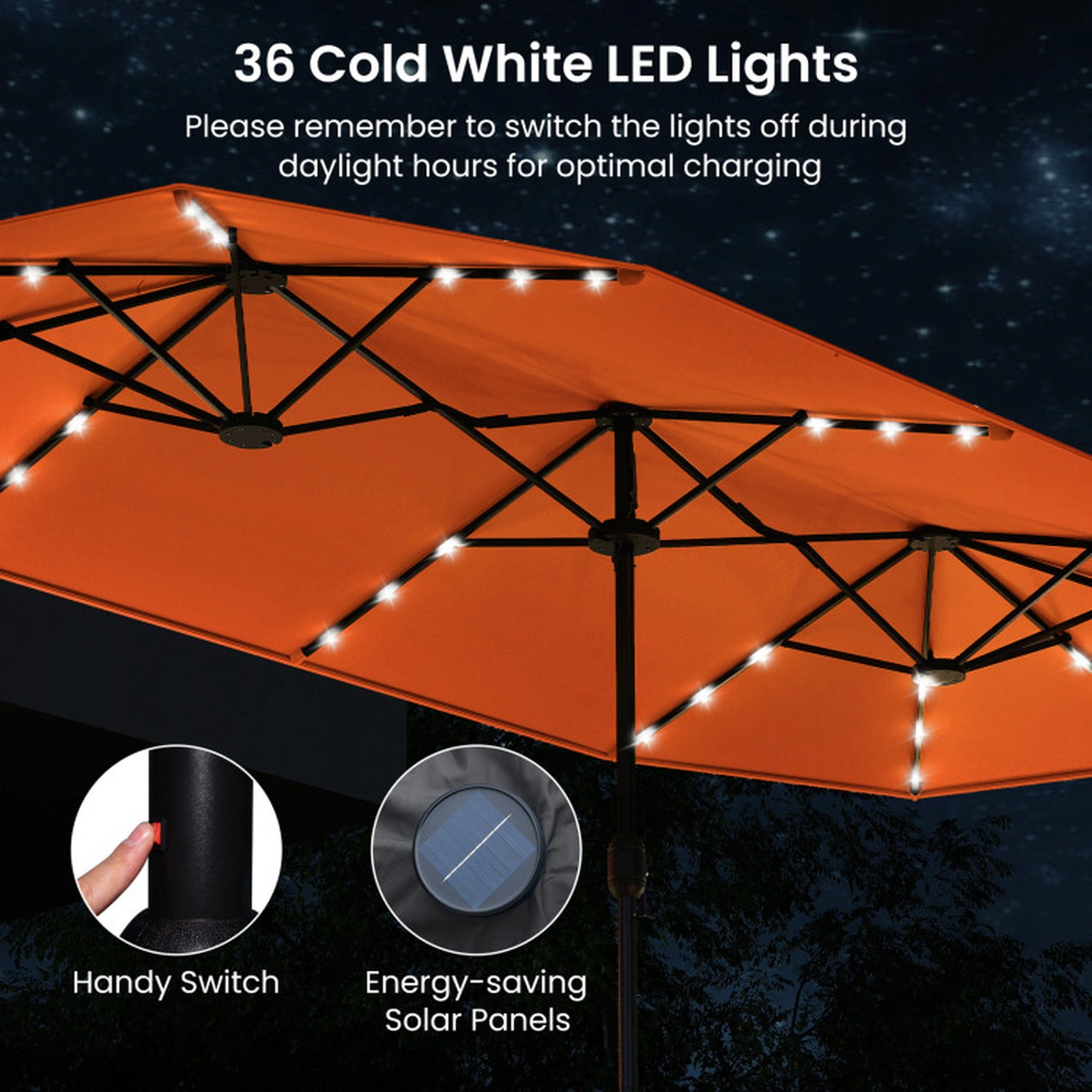 SUGIFT 13-ft Patio Umbrella with Solar Lights and Cross Base 32-lb Net Weight for Garden Pool Backyard Orange