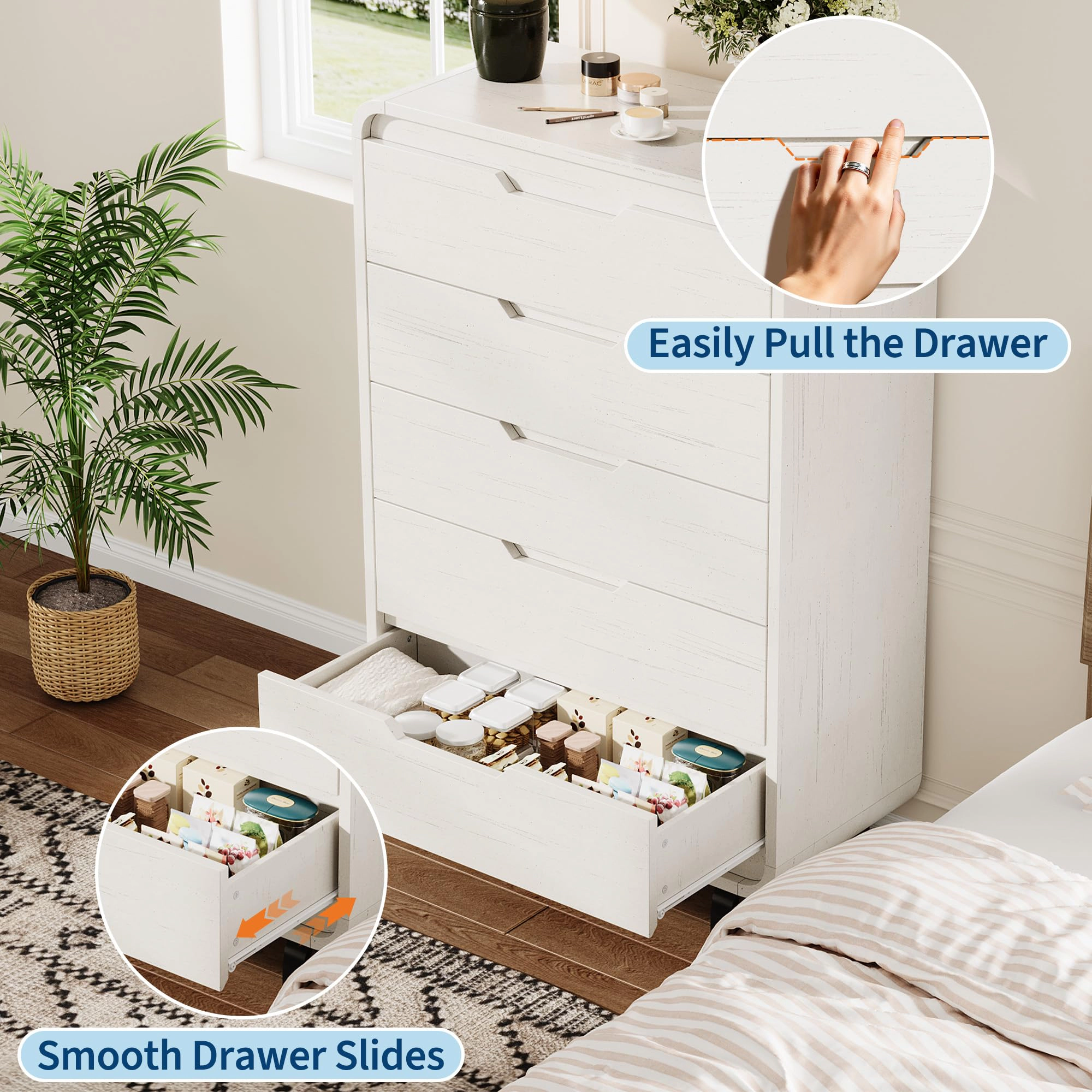 48" Tall 5 Drawer Wood Dresser with Handleless & Detachable Legs, Modern Storage Chest