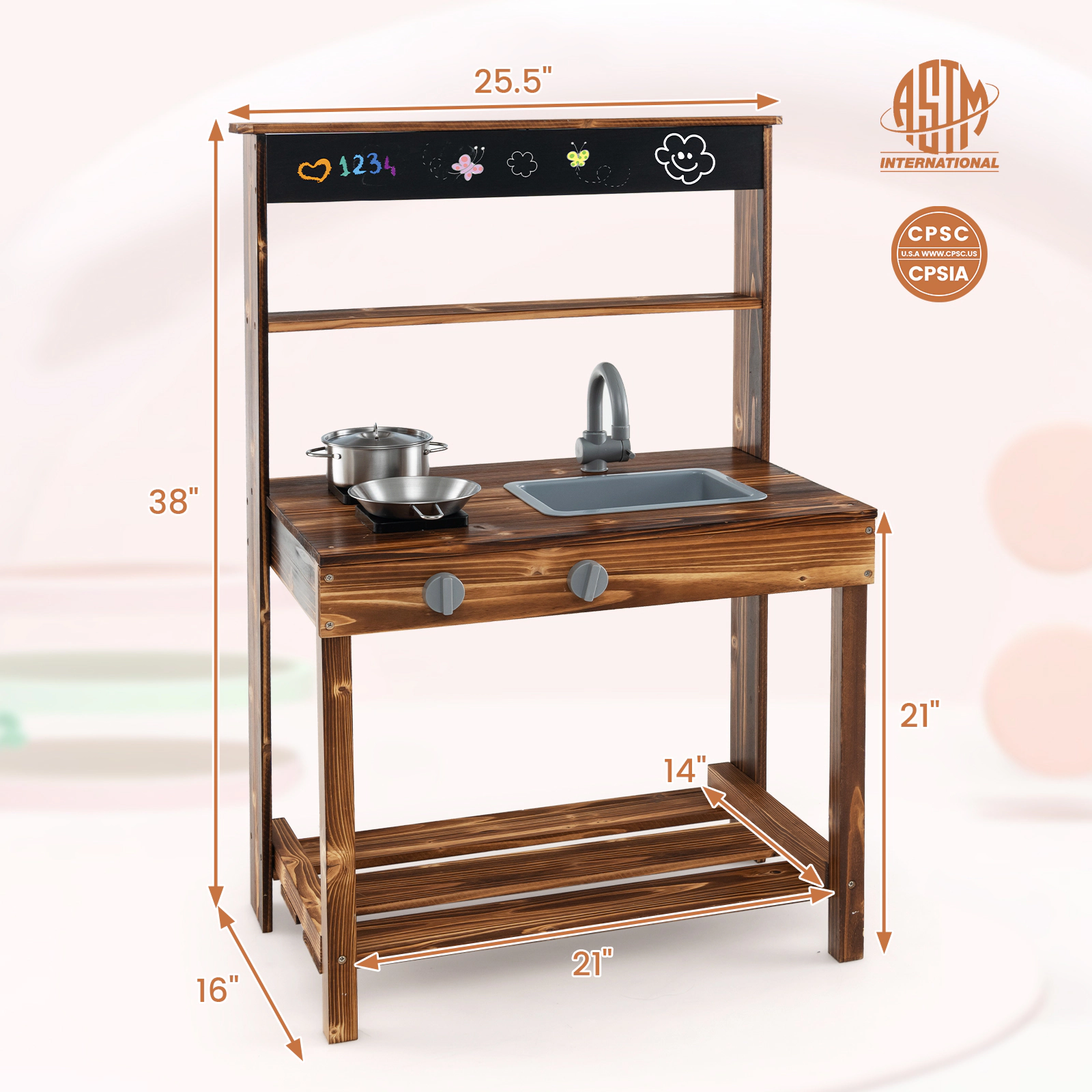 SUGIFT Kids Natural Fir Wood Outdoor Mud Kitchen with Rotatable Faucet and Removable Sink 25.5-in W 38-in H